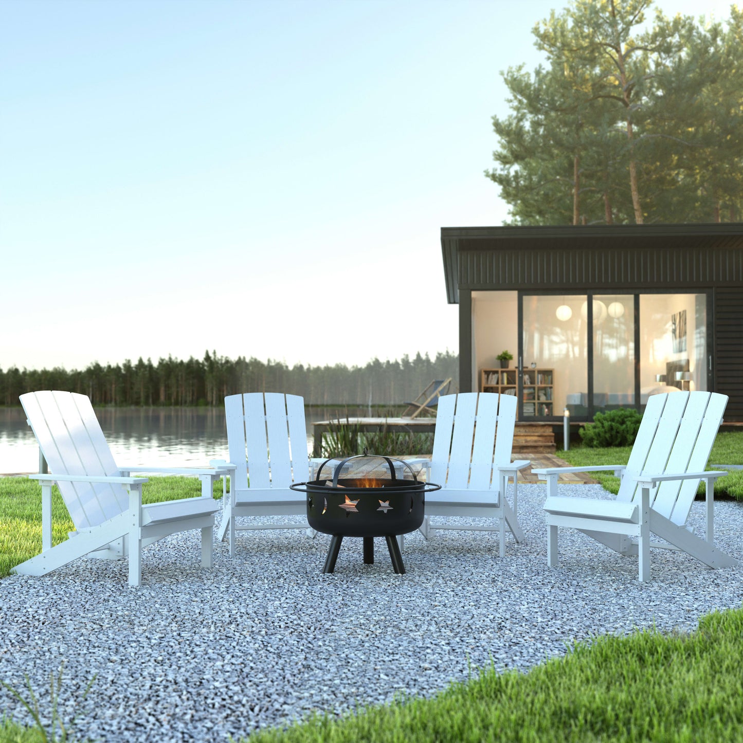 5 Piece Charlestown Poly Resin Wood Adirondack Chair Set with Fire Pit - Star and Moon Fire Pit with Mesh Cover