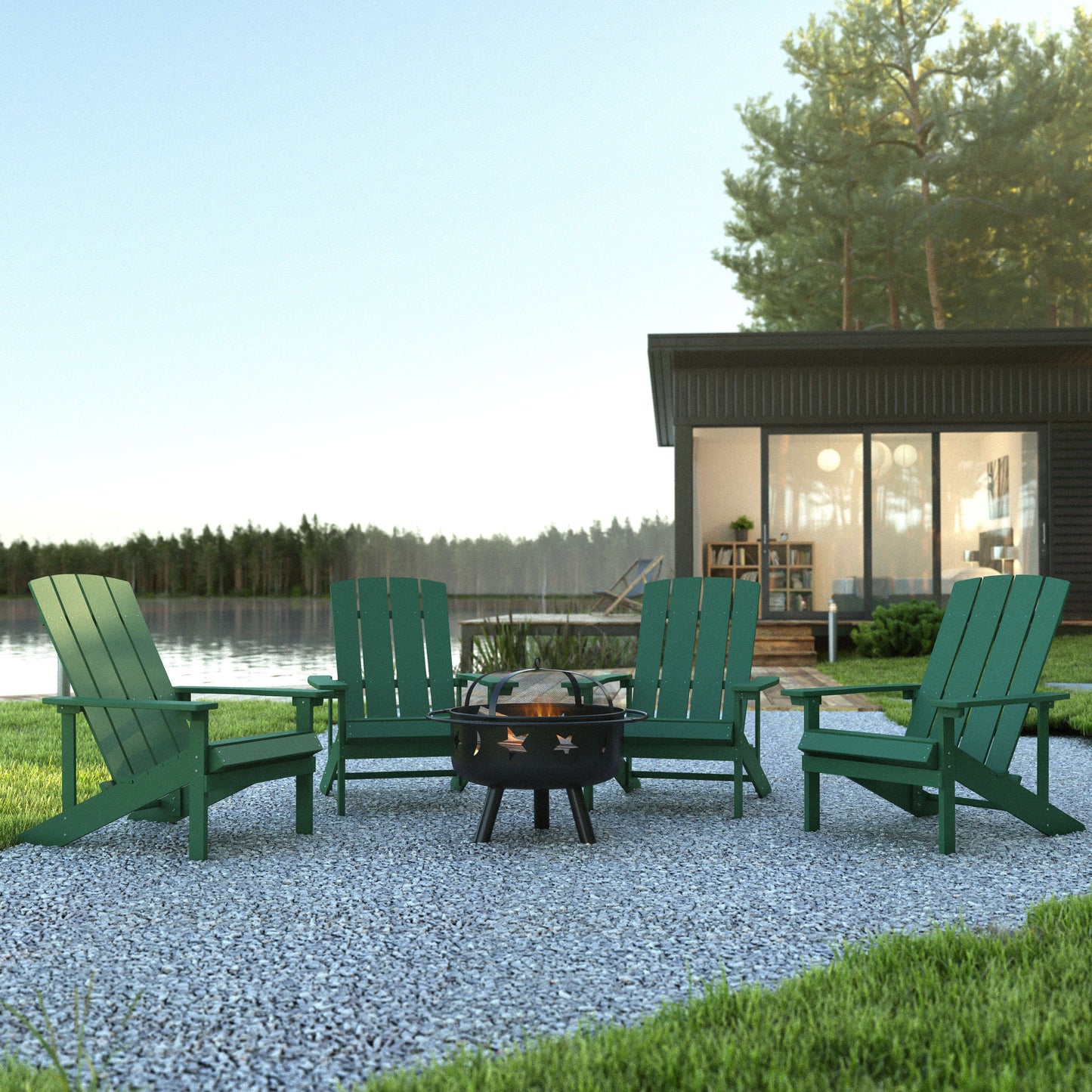 5 Piece Charlestown Poly Resin Wood Adirondack Chair Set with Fire Pit - Star and Moon Fire Pit with Mesh Cover
