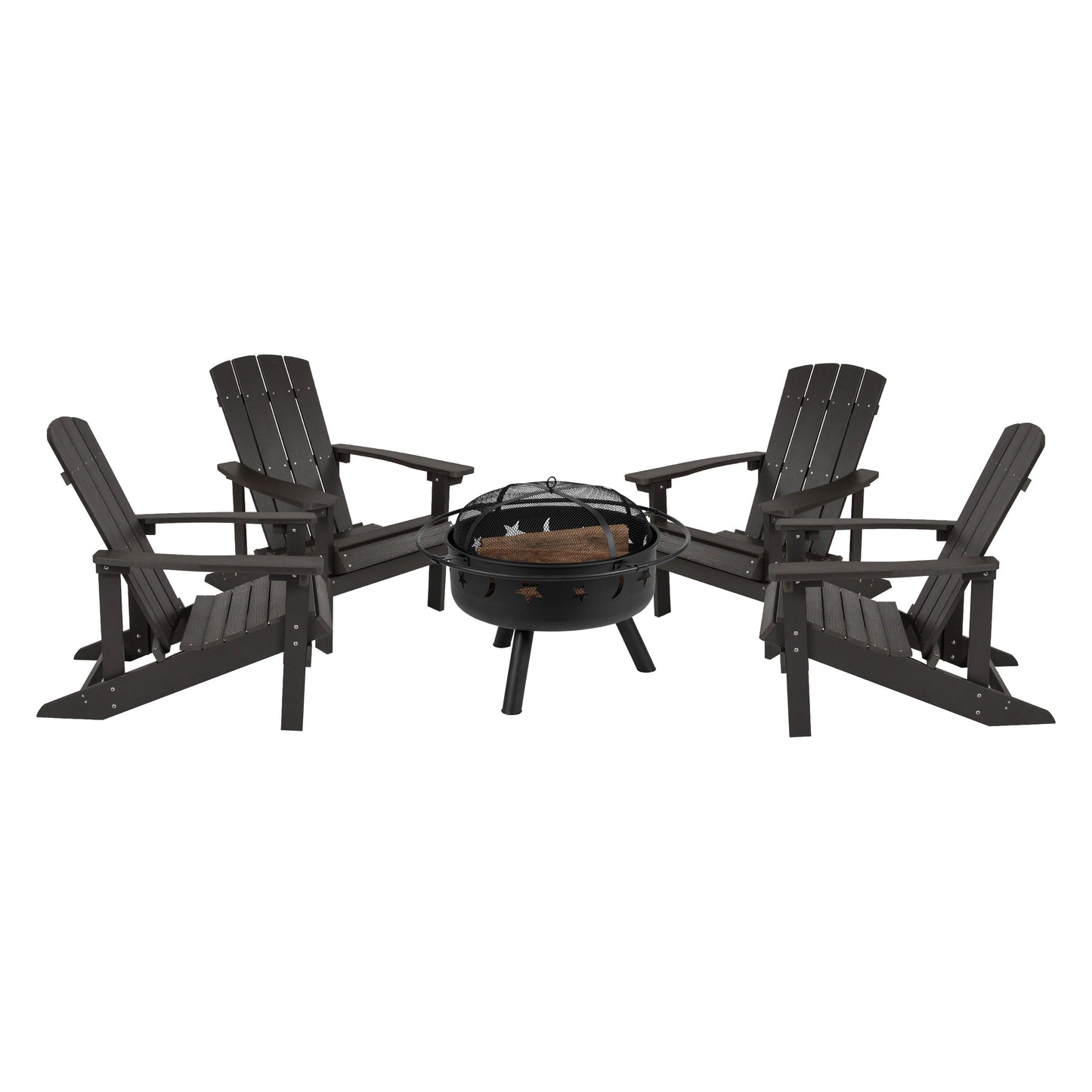 5 Piece Charlestown Poly Resin Wood Adirondack Chair Set with Fire Pit - Star and Moon Fire Pit with Mesh Cover