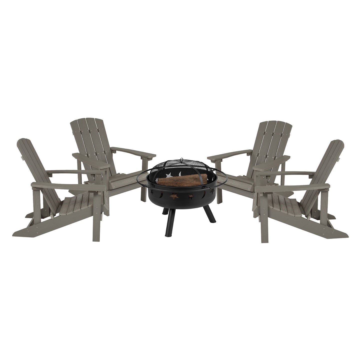 5 Piece Charlestown Poly Resin Wood Adirondack Chair Set with Fire Pit - Star and Moon Fire Pit with Mesh Cover