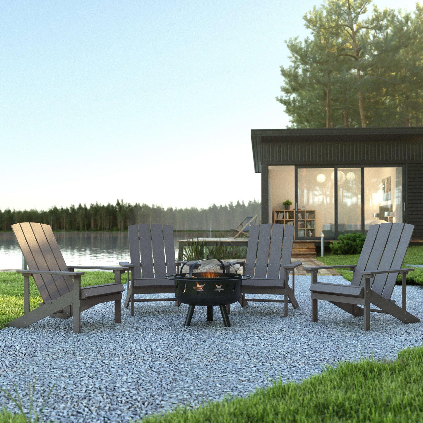 5 Piece Charlestown Poly Resin Wood Adirondack Chair Set with Fire Pit - Star and Moon Fire Pit with Mesh Cover