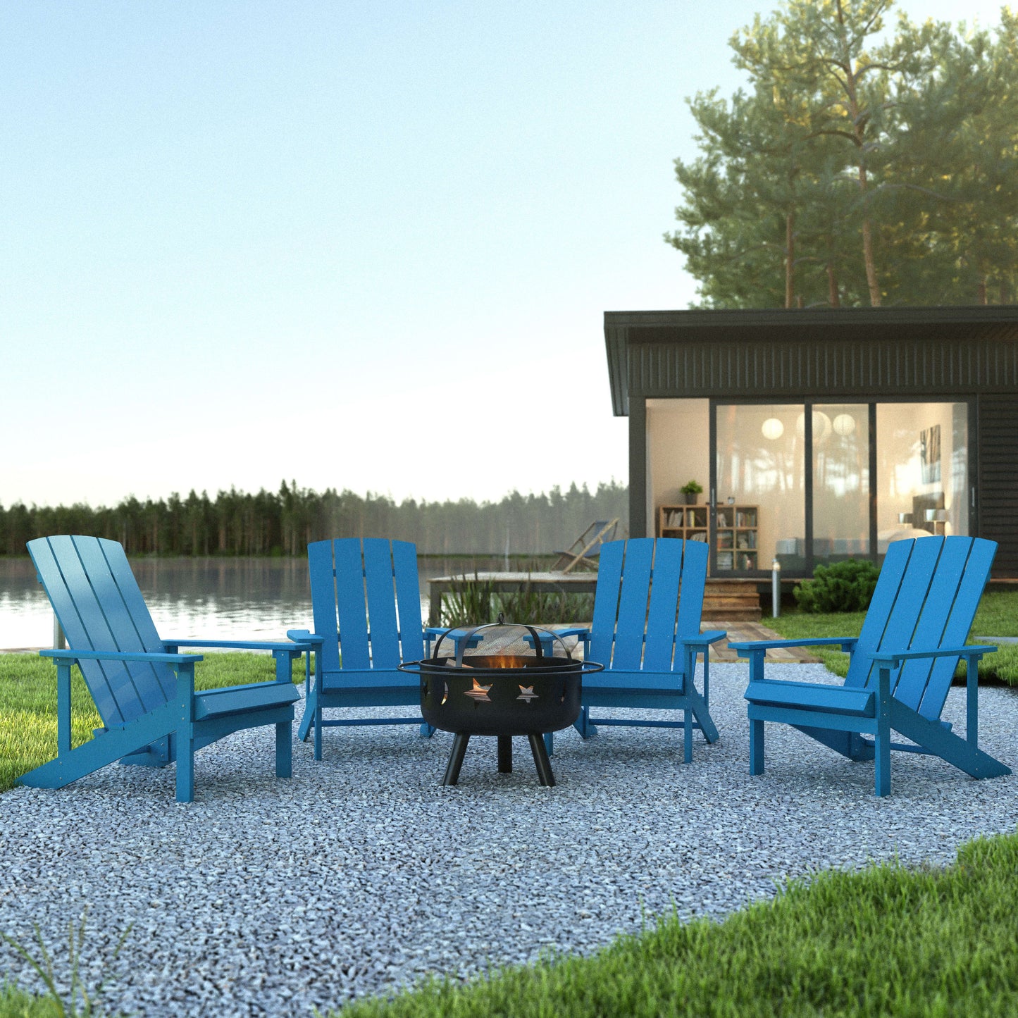 5 Piece Charlestown Poly Resin Wood Adirondack Chair Set with Fire Pit - Star and Moon Fire Pit with Mesh Cover