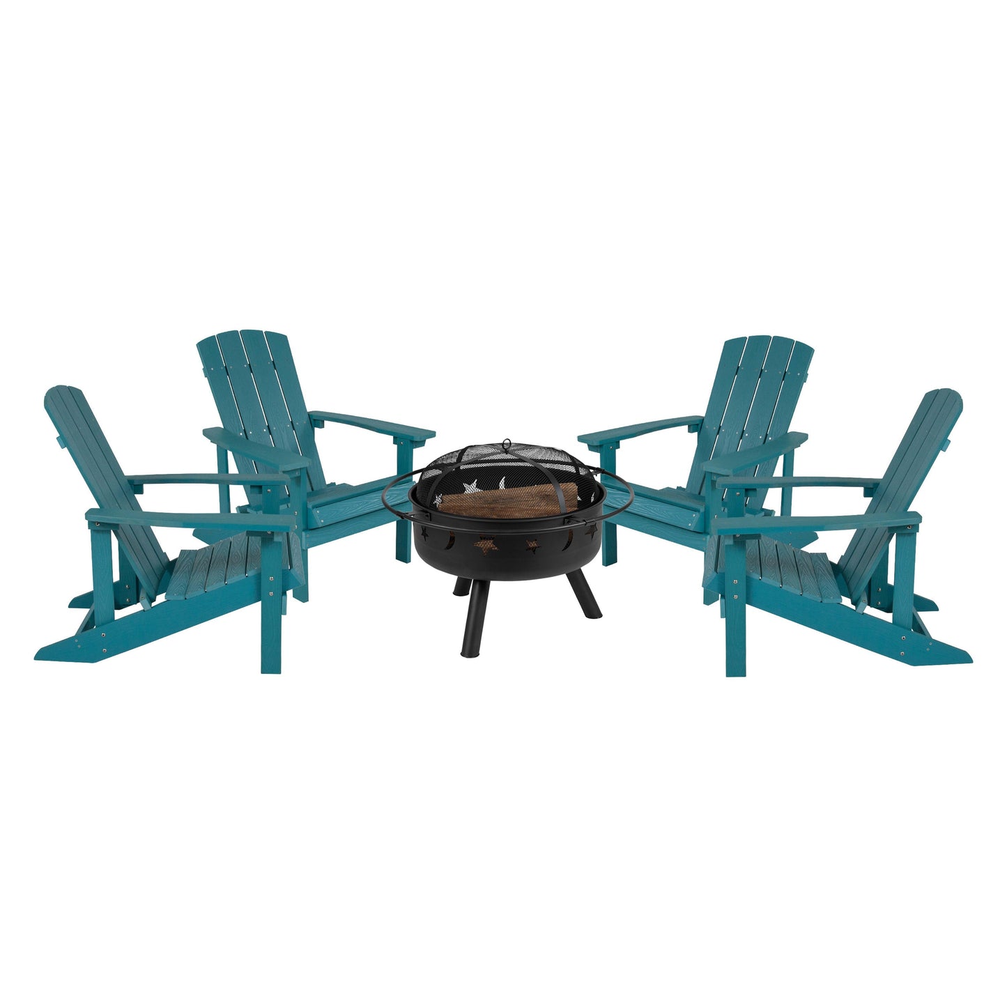 5 Piece Charlestown Poly Resin Wood Adirondack Chair Set with Fire Pit - Star and Moon Fire Pit with Mesh Cover