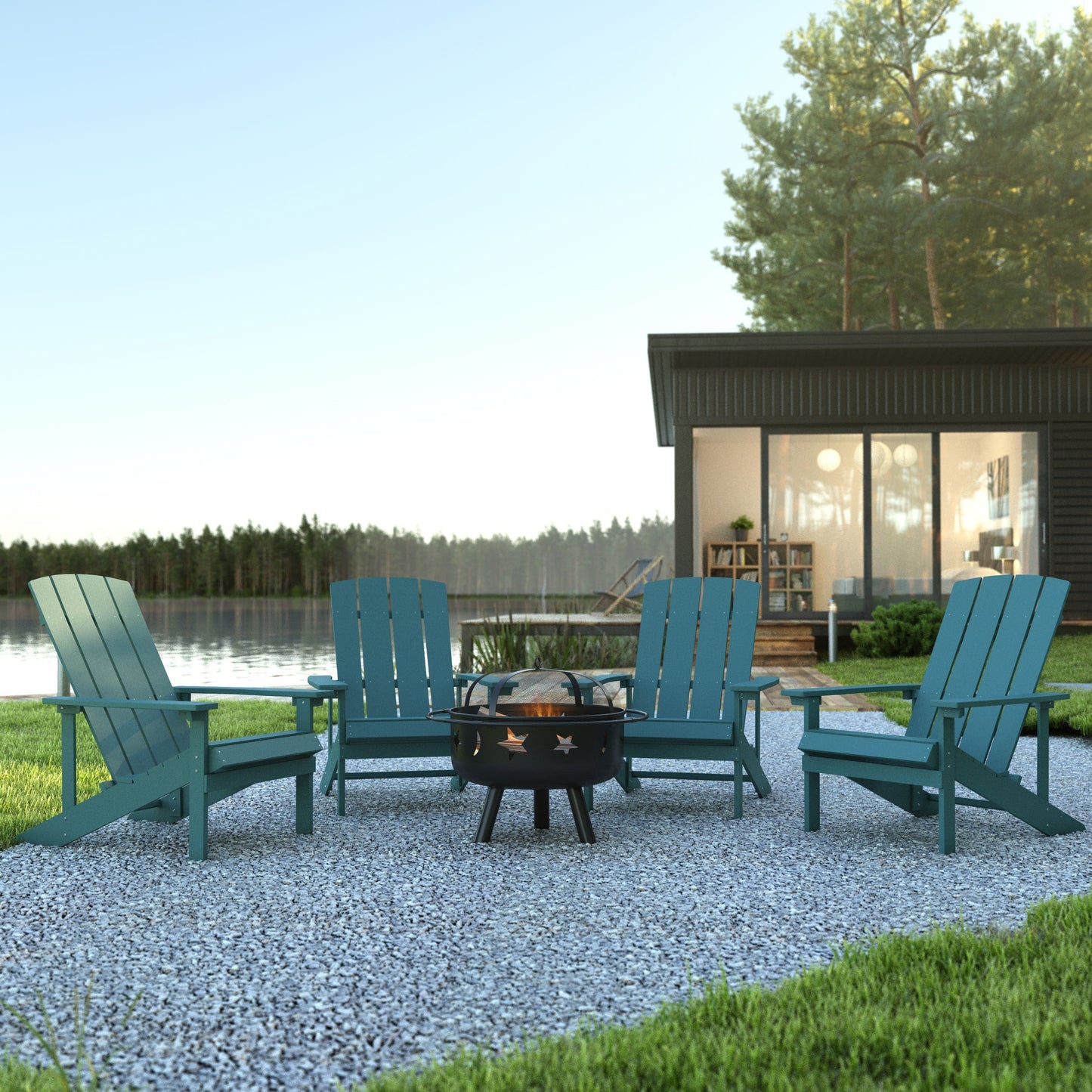 5 Piece Charlestown Poly Resin Wood Adirondack Chair Set with Fire Pit - Star and Moon Fire Pit with Mesh Cover