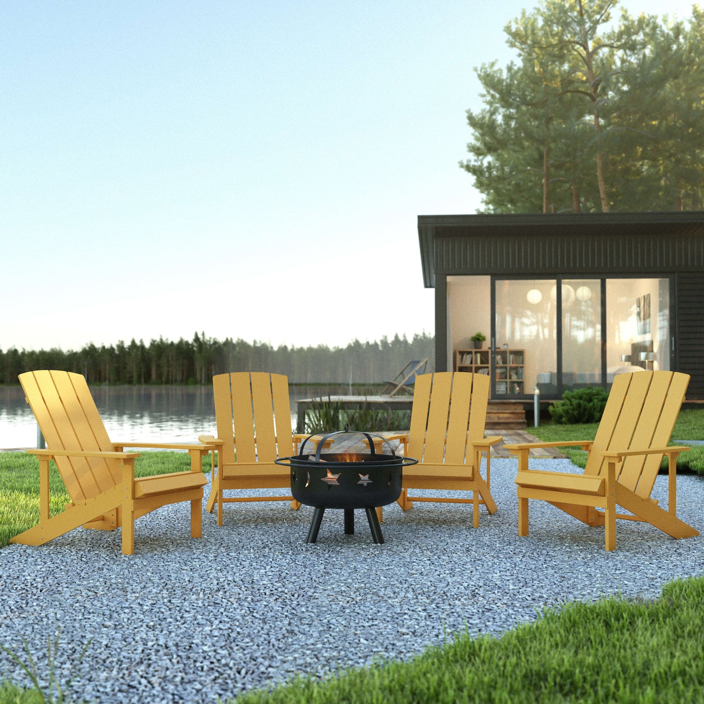 5 Piece Charlestown Poly Resin Wood Adirondack Chair Set with Fire Pit - Star and Moon Fire Pit with Mesh Cover