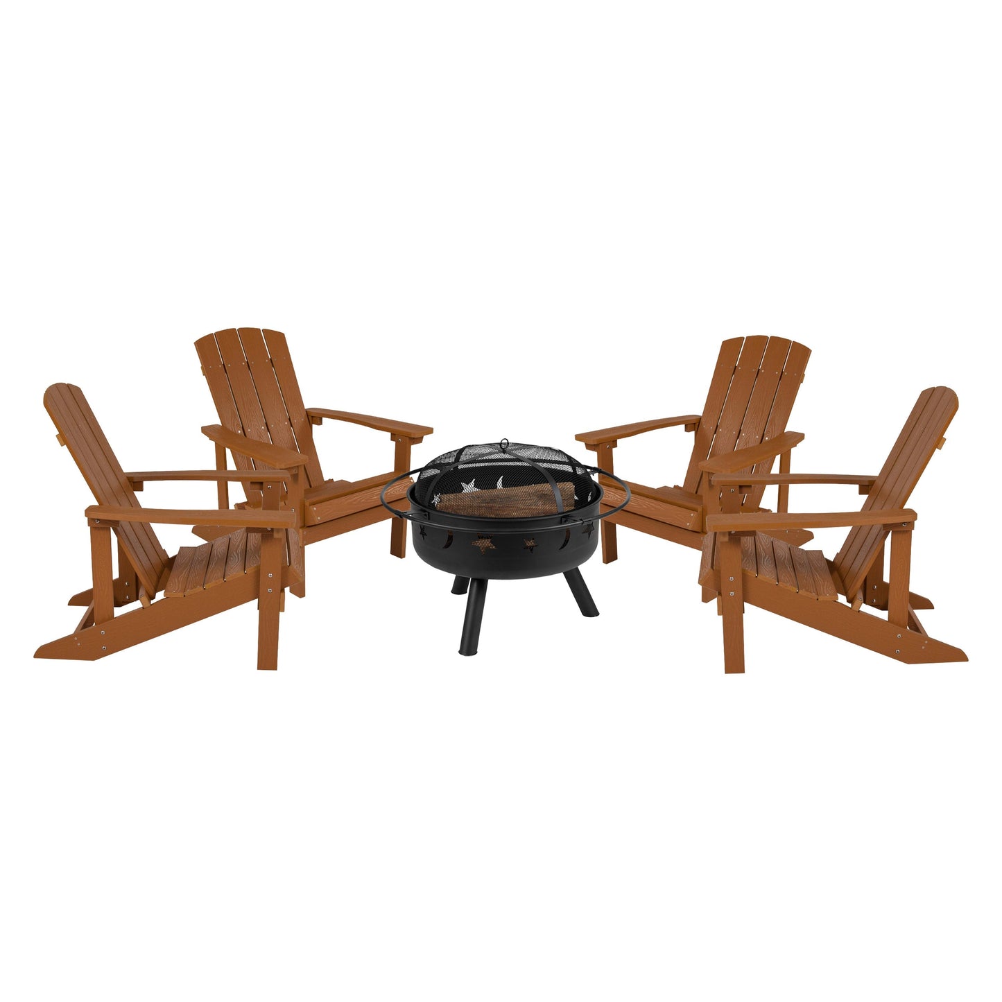 5 Piece Charlestown Poly Resin Wood Adirondack Chair Set with Fire Pit - Star and Moon Fire Pit with Mesh Cover