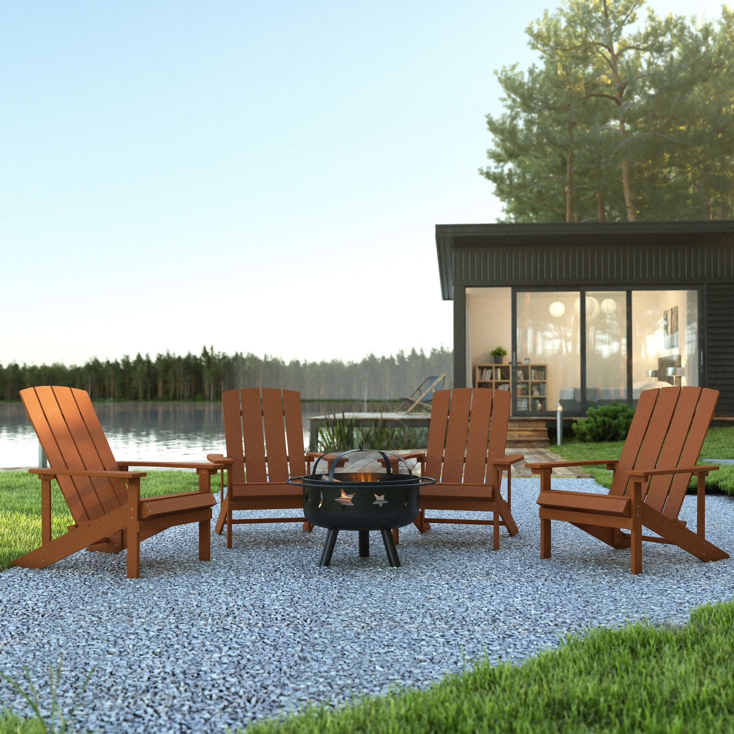 5 Piece Charlestown Poly Resin Wood Adirondack Chair Set with Fire Pit - Star and Moon Fire Pit with Mesh Cover