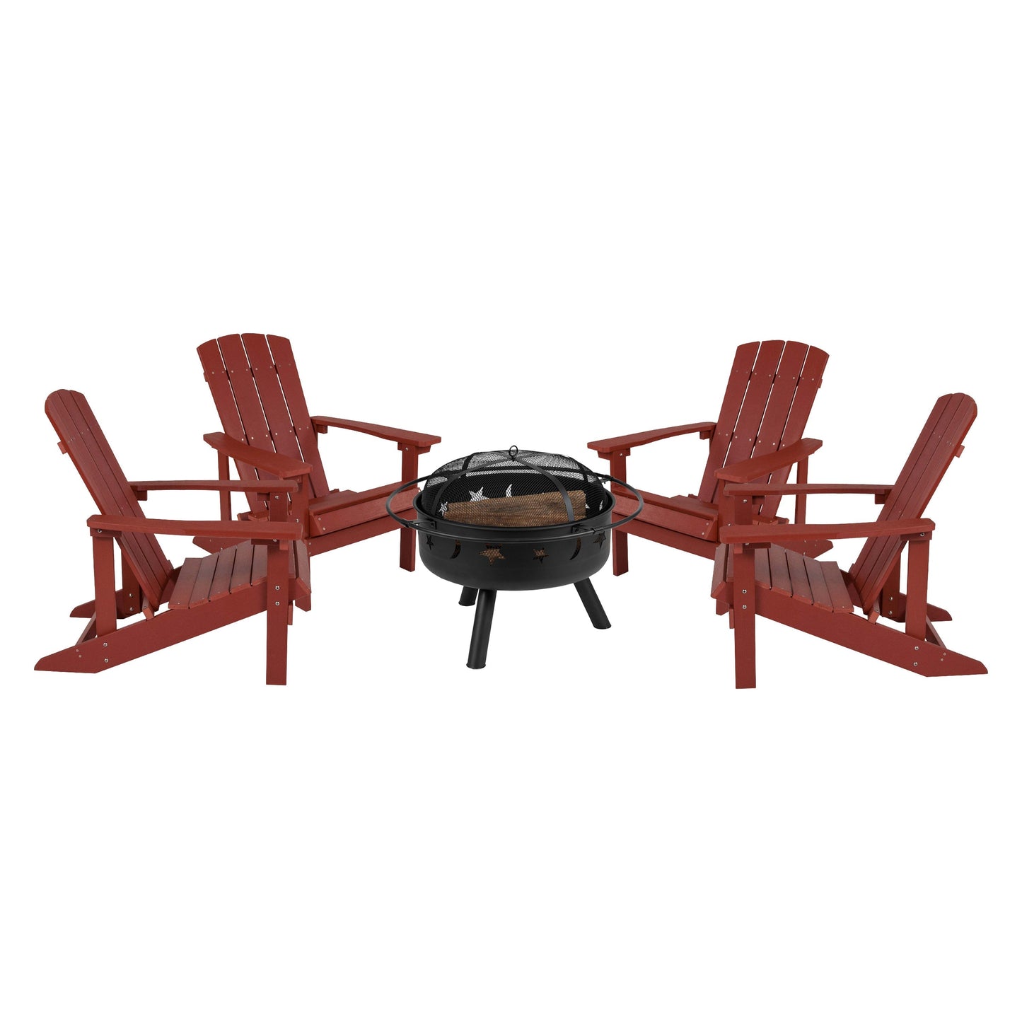 5 Piece Charlestown Poly Resin Wood Adirondack Chair Set with Fire Pit - Star and Moon Fire Pit with Mesh Cover