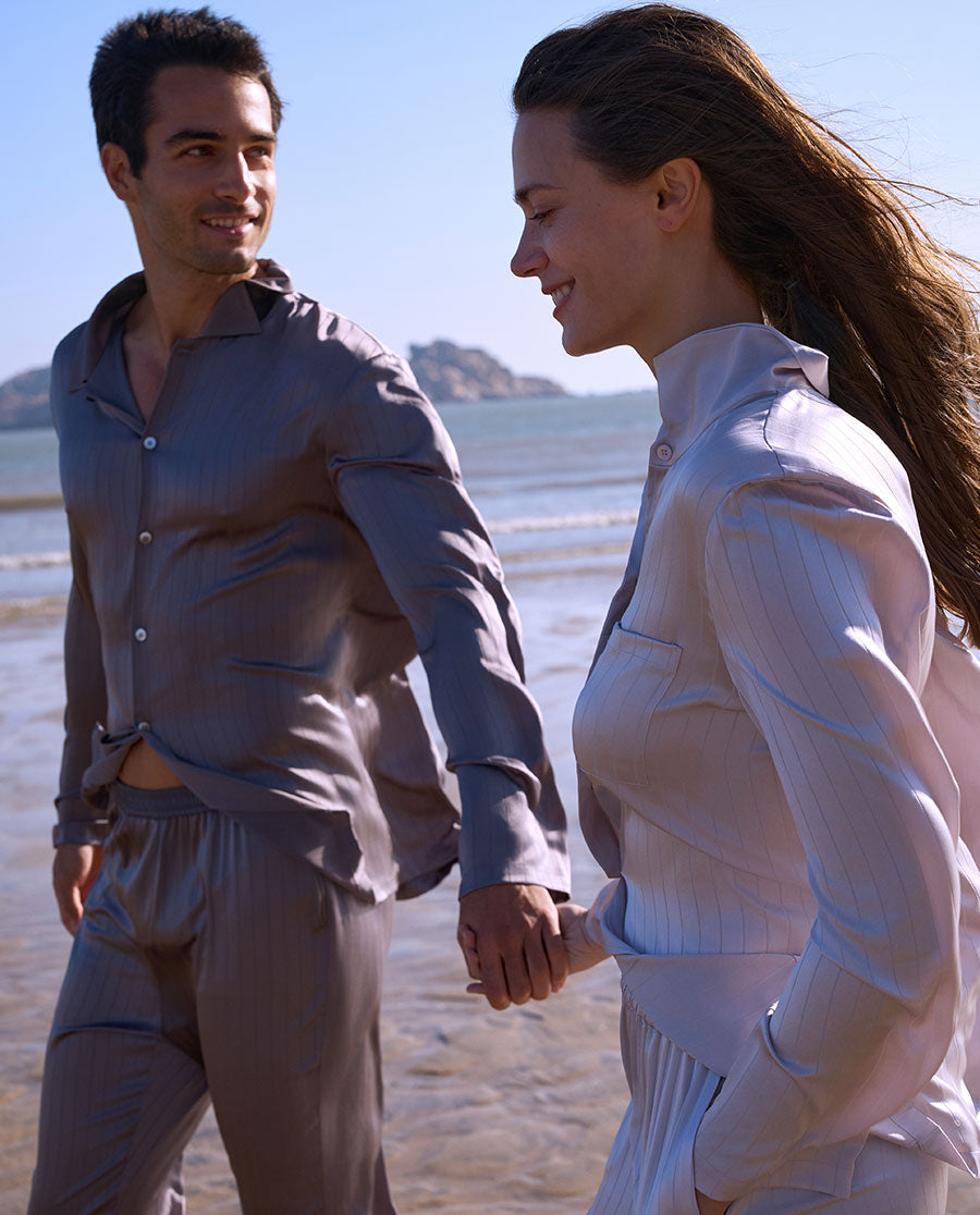 Aimer Men Mulberry Silk Camp Collar Pajama Top