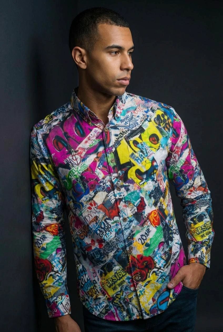 Graffiti Print Cotton Poplin Shirt for Creative Directors and Urban Stylists — Antibacterial AOP Designer Workwear, Smart-Casual Street Art Statement