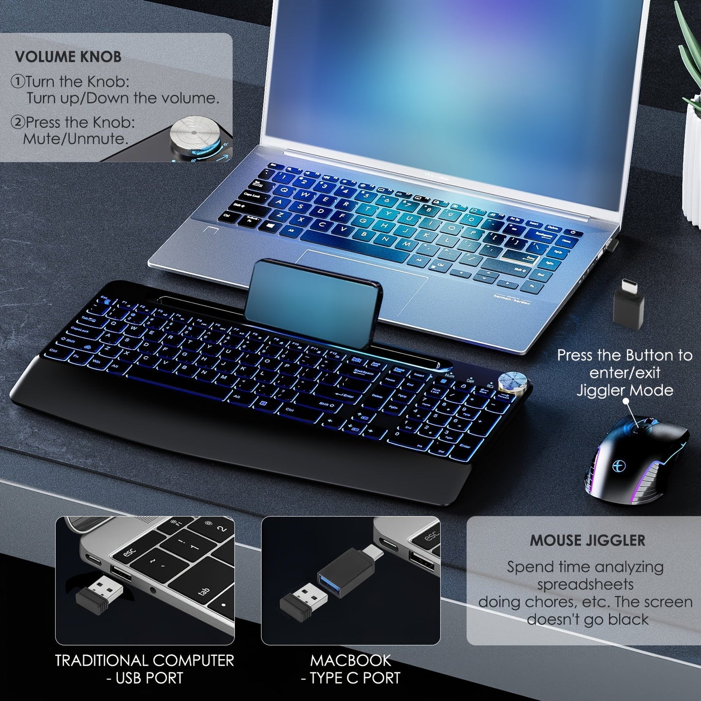 JOMAA Ergonomic Wireless Keyboard & Mouse Combo, RGB Backlit TJR1K6M