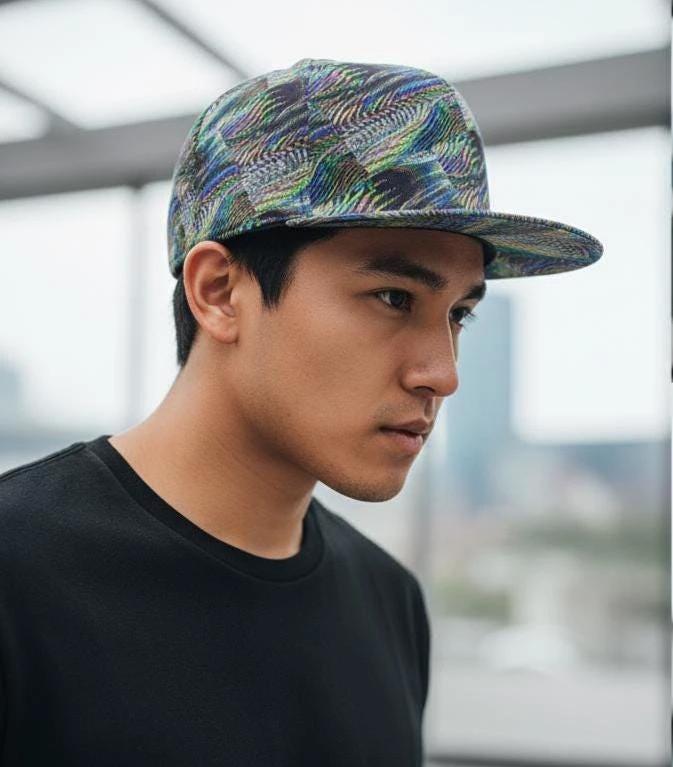 Main Character Flat Brim for Streetwear Collectors — Fractal Art AOP Snapback, Psychedelic Festival Cap, Alt Fashion Headwear, Moss Teal Ochre Print