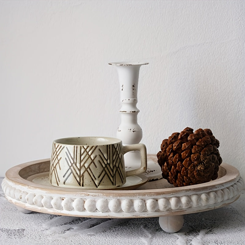 Chic 30.48cm White Wood Beaded Round Tray - PR3N