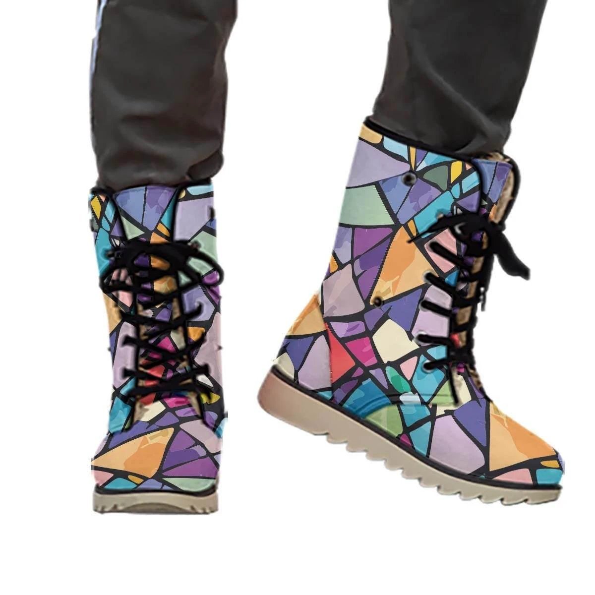 Geometric Prism AOP Winter Boots for Artistic Style Collectors — Warm Velvet-Lined Non-Slip Women's Footwear, Bold Pattern Statement Shoes
