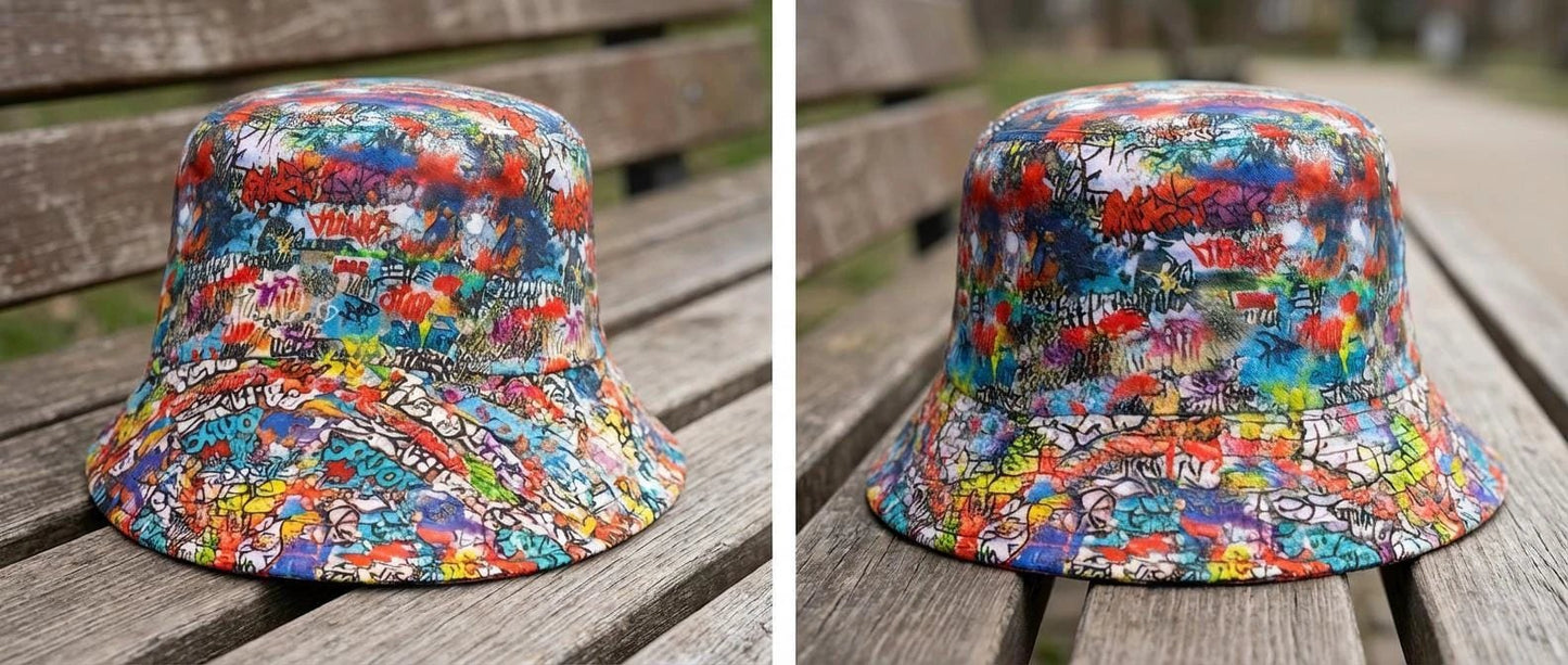Graffiti Print AOP Bucket Hat | Maximalist All-Over Print Urban Festival Sun Hat