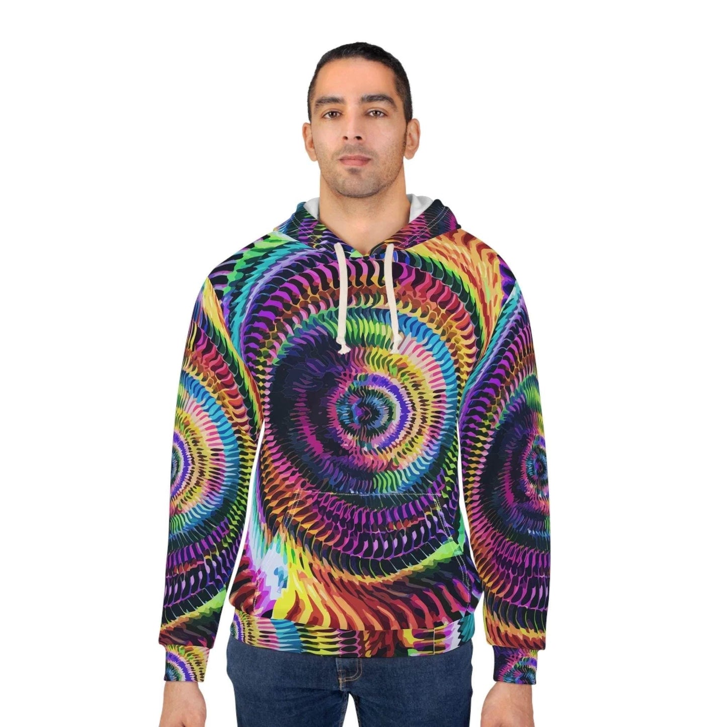 Ocular Opulence Spiral Kaleidoscope Hoodie for Rave and Psytrance Dressers — Trippy 3D Geometric AOP Pullover, Mind-Bending Vivid Spiral Print