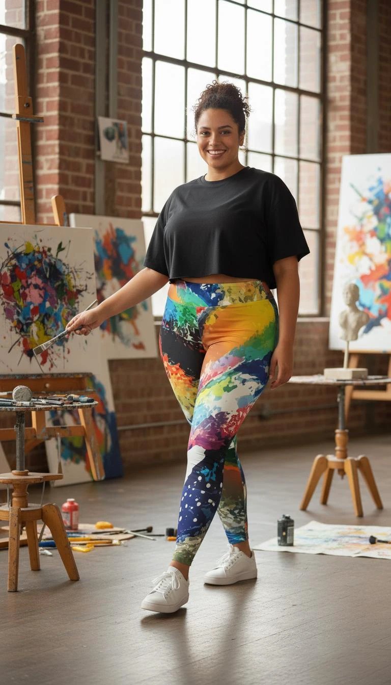 Maximalist Paint Splash Leggings for Plus Size Self-Expressers — Abstract Expressionist AOP Tights, Festival Yoga Wear, Inclusive Bold Activewear