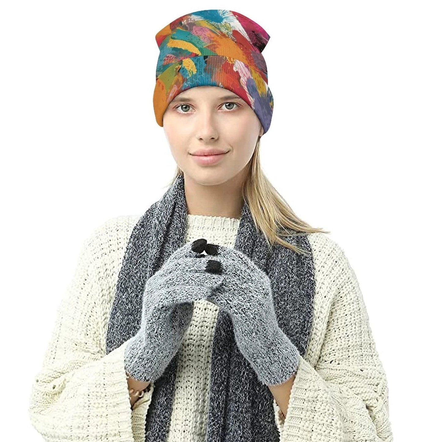 Paint Smear Knit Beanie — Crimson & Teal Brushstroke AOP Winter Hat, Loud Cold-Weather Accessory