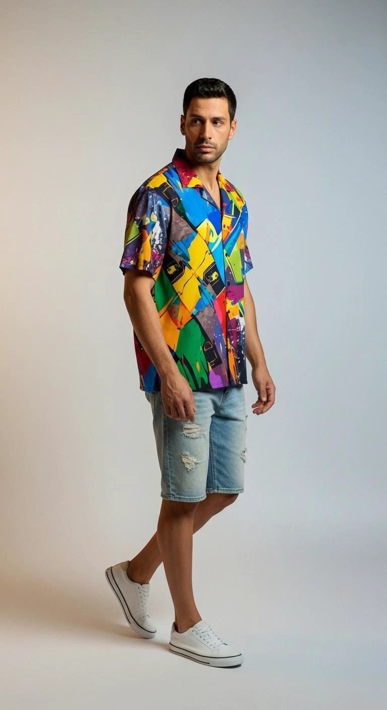 Trippy Tropics Vaporwave Hawaiian Shirt - Vibrational Vector AOP Button-Up for Cyber-Vacation & Festivals