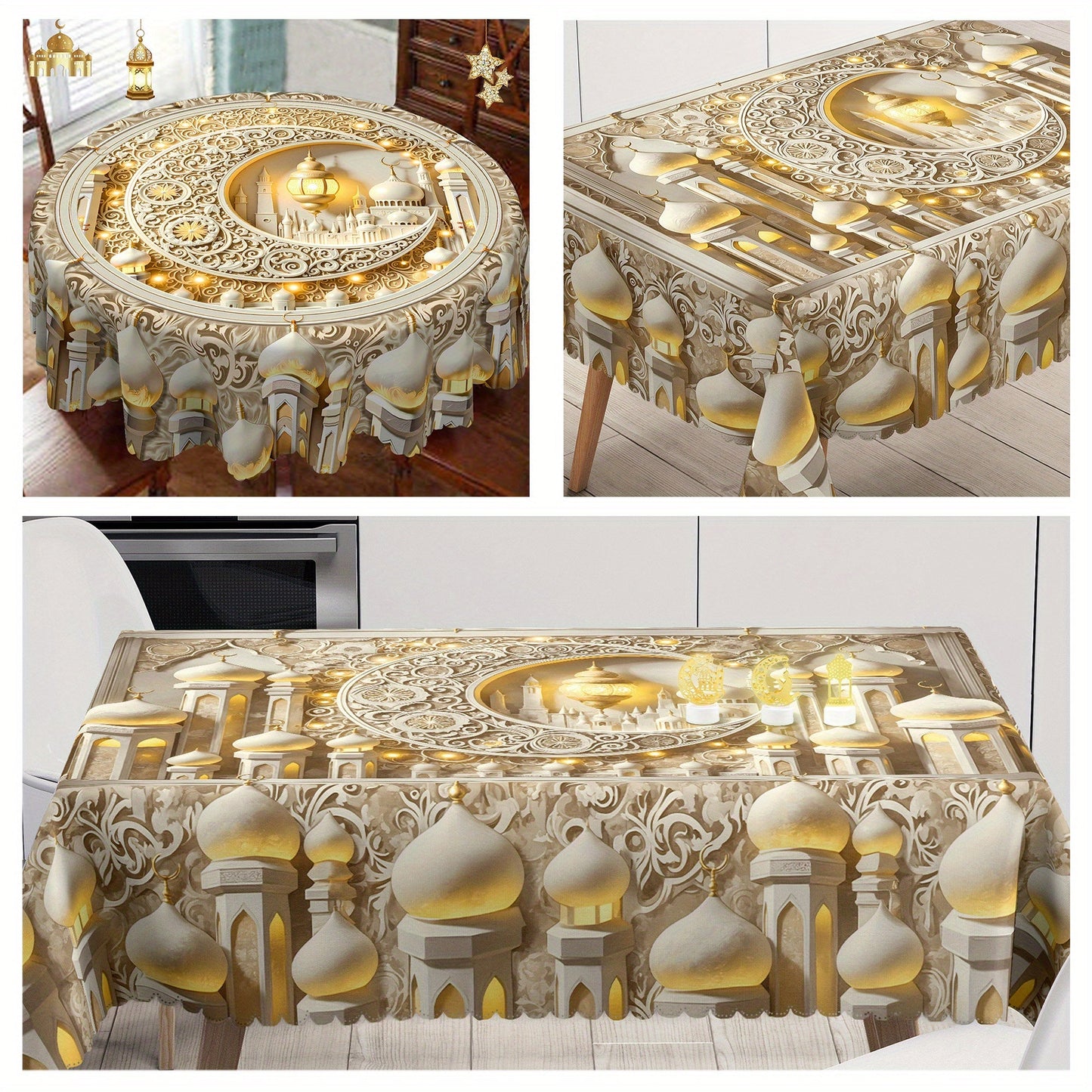 Elegant White Moon & Islamic Architecture Tablecloth TJR9M6D