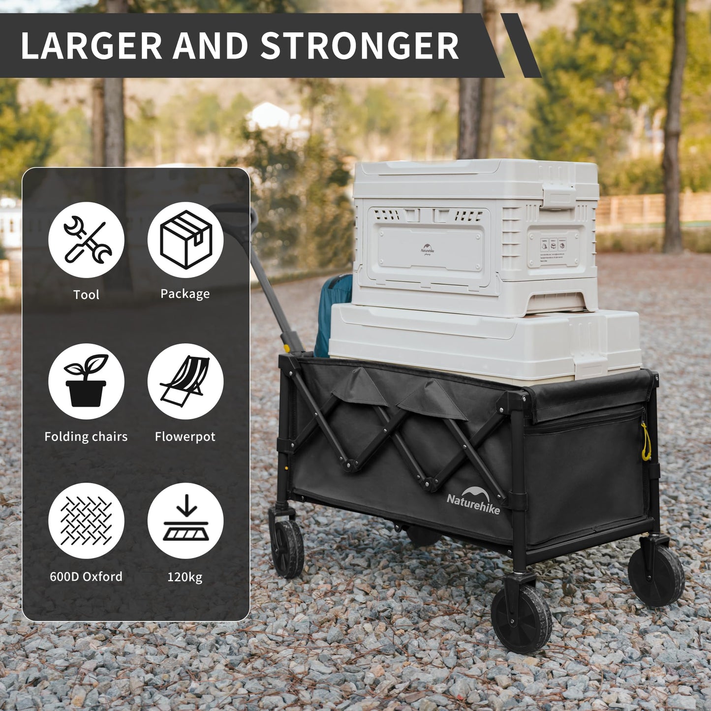 Naturehike Lightweight Camping Cart Portable Collapsible Large Capacity Wagon Cart 80 Liters Maximum 100 Liters Garden Outdoor Park Utility Beach Trolley
