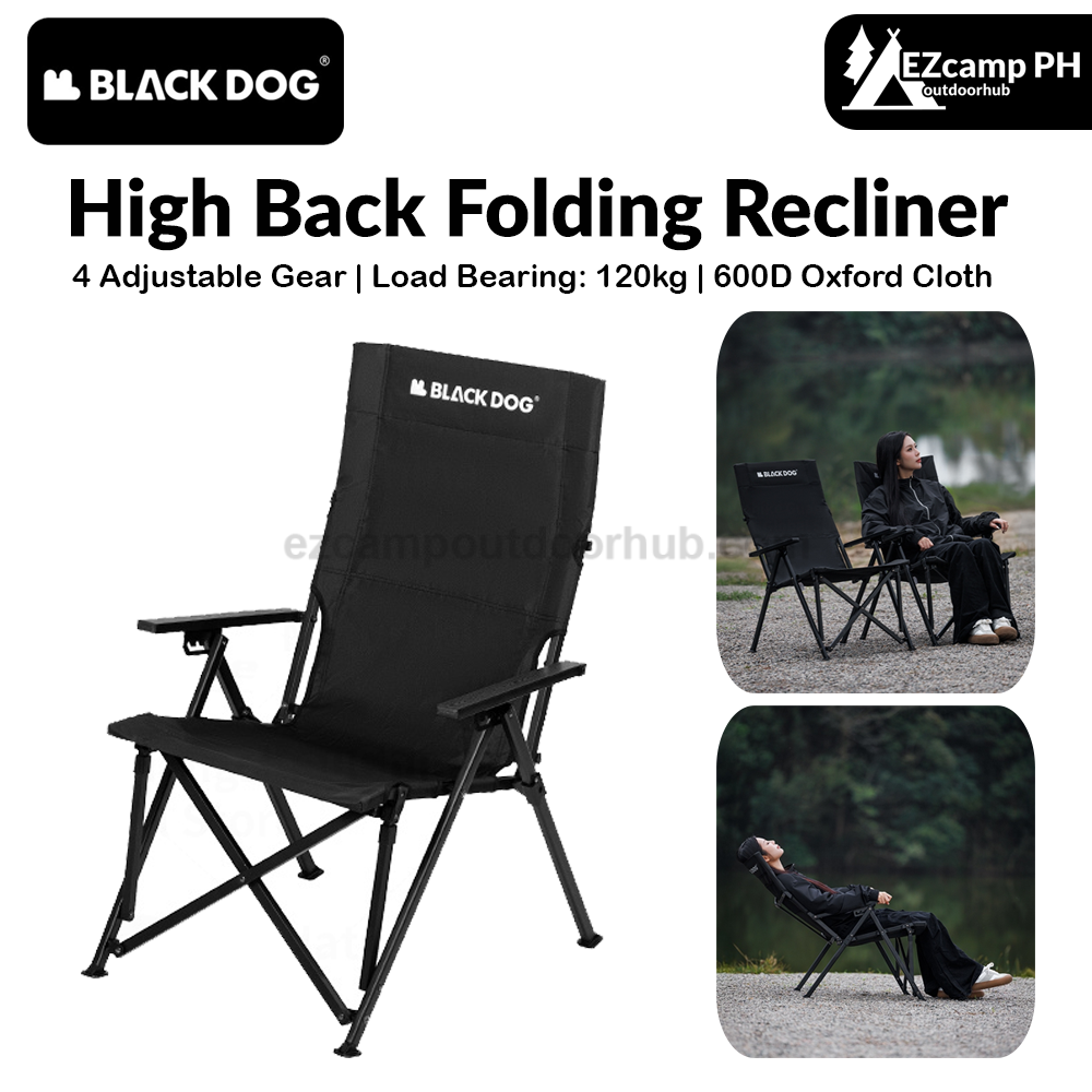 BLACKDOG High Back Folding Recliner Portable Lounger Chair High Backrest Load Bearing 120kg Carbon Steel Wood Armchair 4 Adjustable Camping Seat