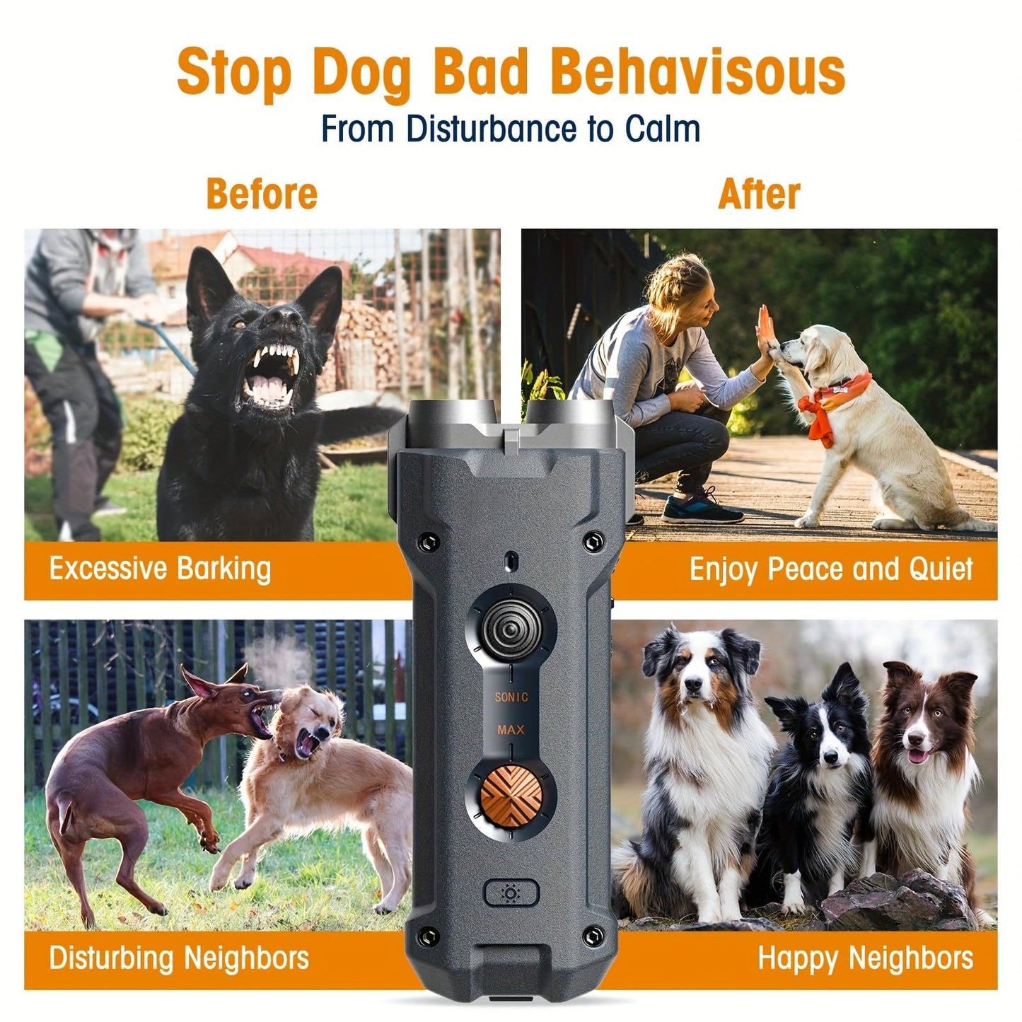 Rechargeable Dog Deterrent Device, Dual Soundwave Technology TJR4D8T