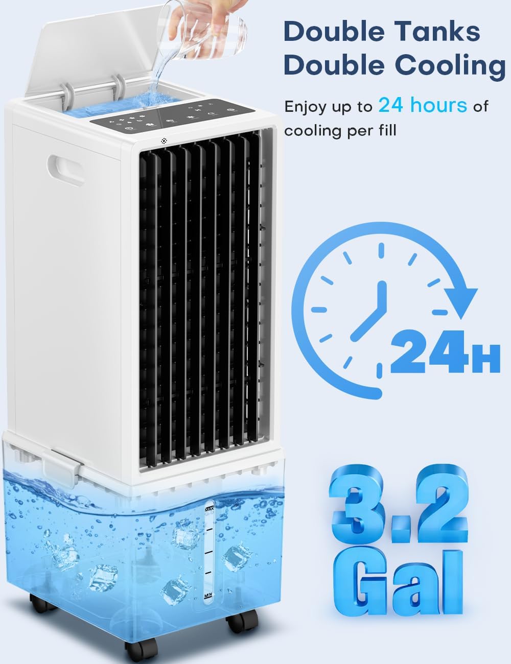 BIGOOSE 4-in-1 windowless air cooler, dual water tanks, timer, remote & touch controls