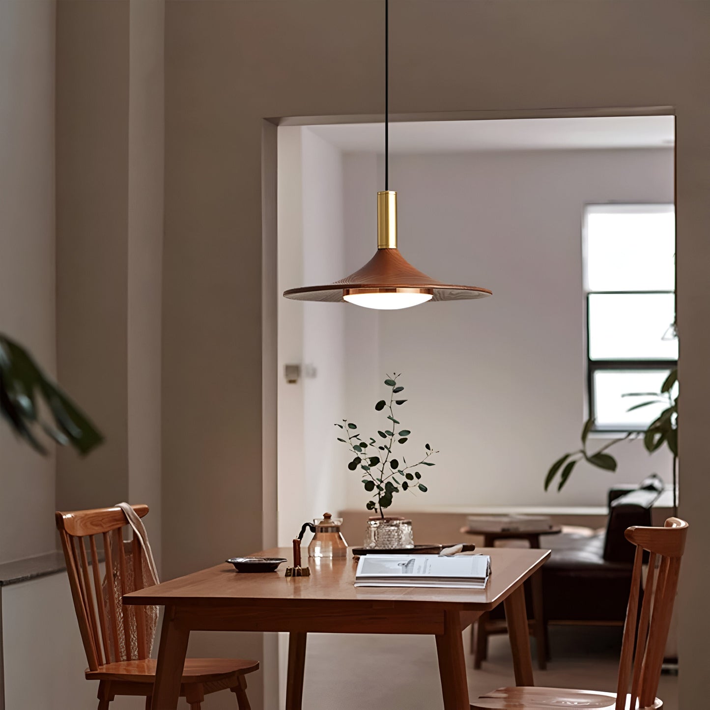 Nordic Walnut Wood Disc Pendant Light With Adjustable Cord
