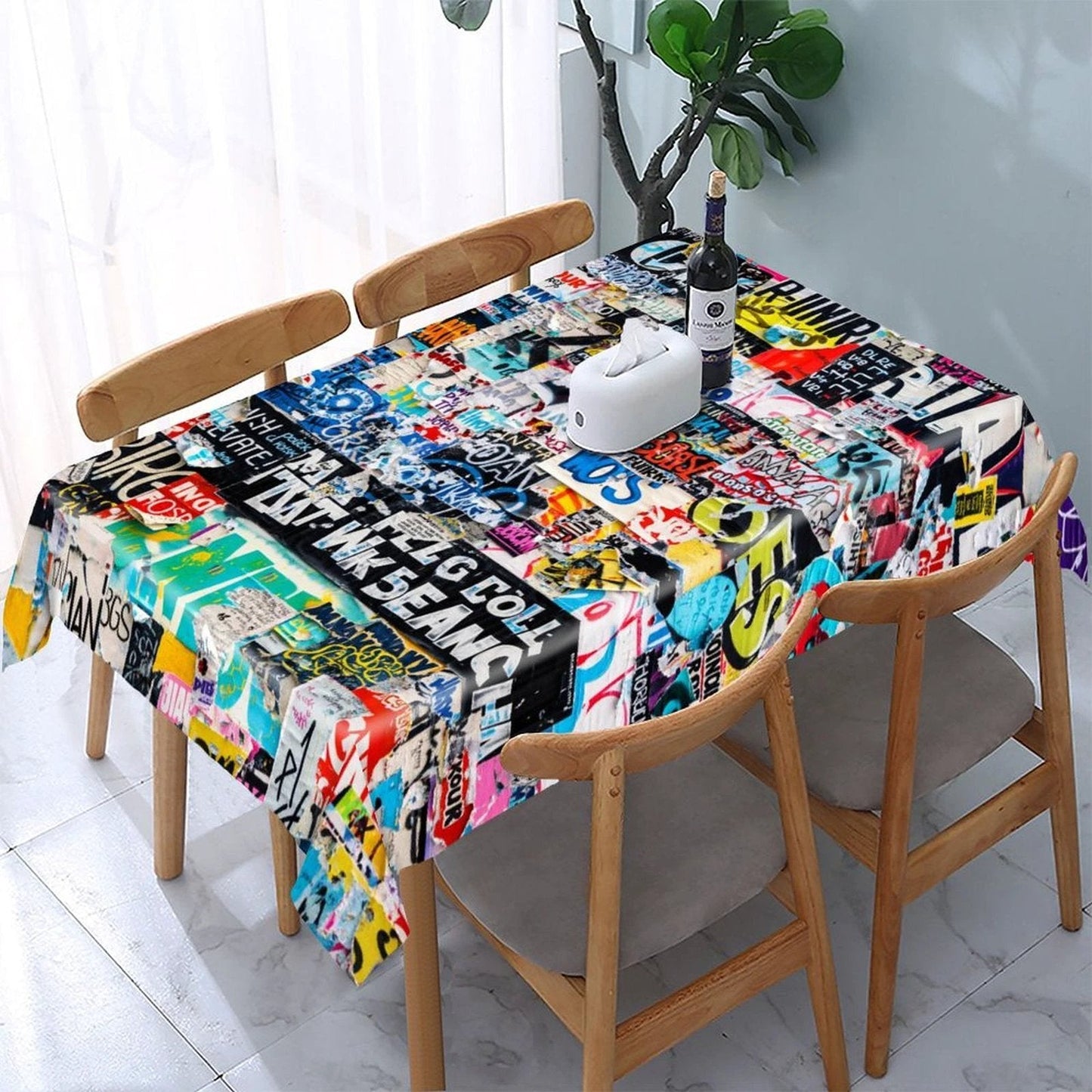 Graffiti Newsprint Tablecloth — Black & White Street-Tag AOP Rectangular Table Cover, Dopamine Dining
