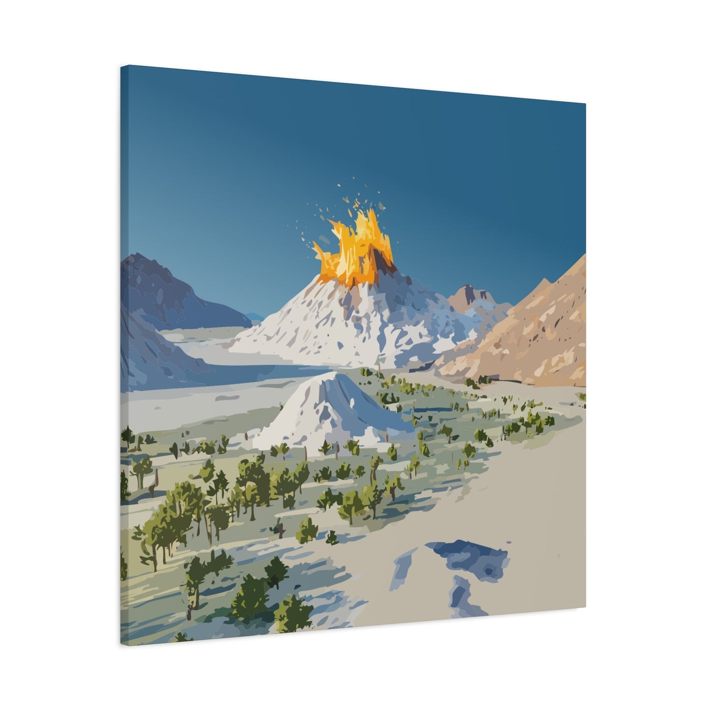 Tropical Volcano Eruption Canvas Wall Art | Stylized National-Park Vector Print on FSC-Certified Stretched Matte Canvas — Mystery Island Decor