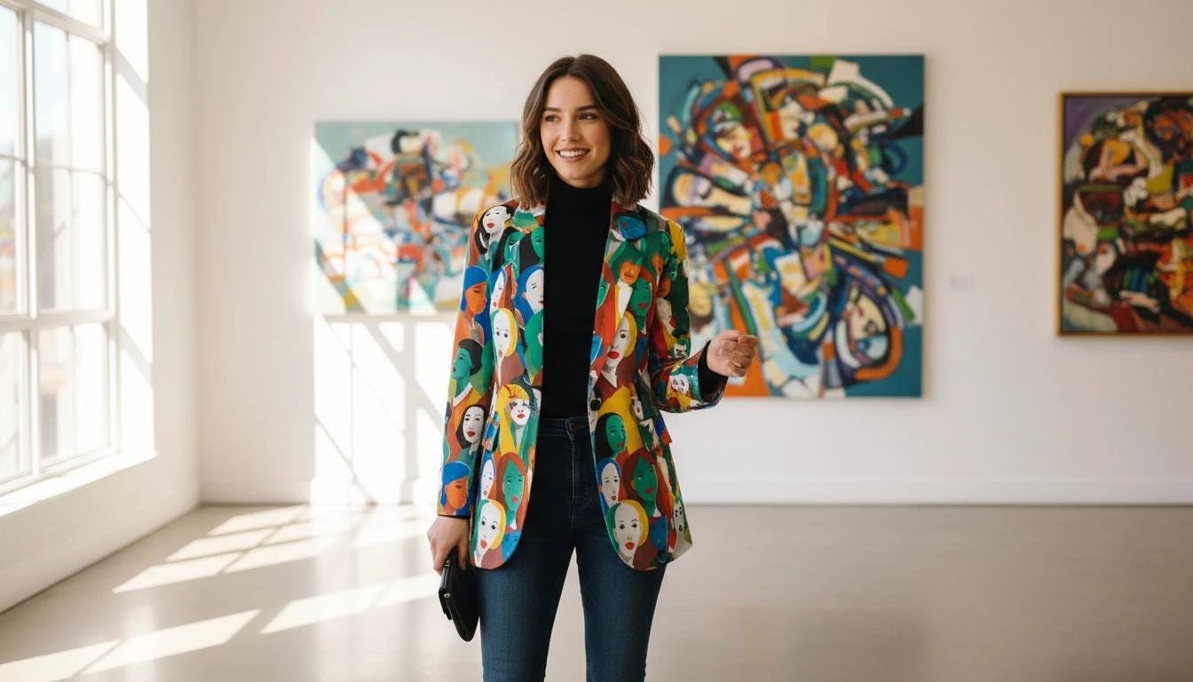 Urban Crowd Faces Designer Blazer - Bold All-Over Print Cotton Suit Jacket for Creatives