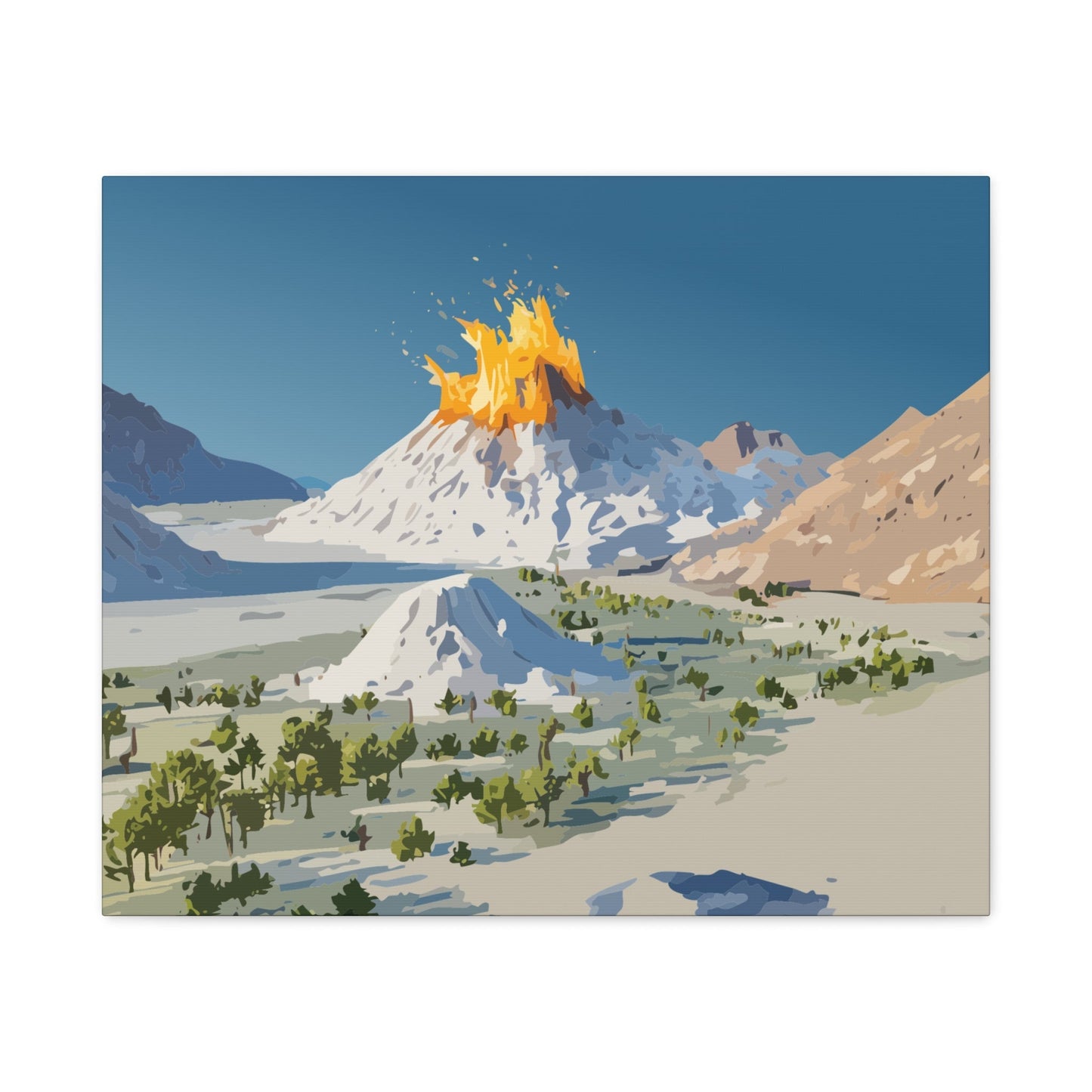 Tropical Volcano Eruption Canvas Wall Art | Stylized National-Park Vector Print on FSC-Certified Stretched Matte Canvas — Mystery Island Decor
