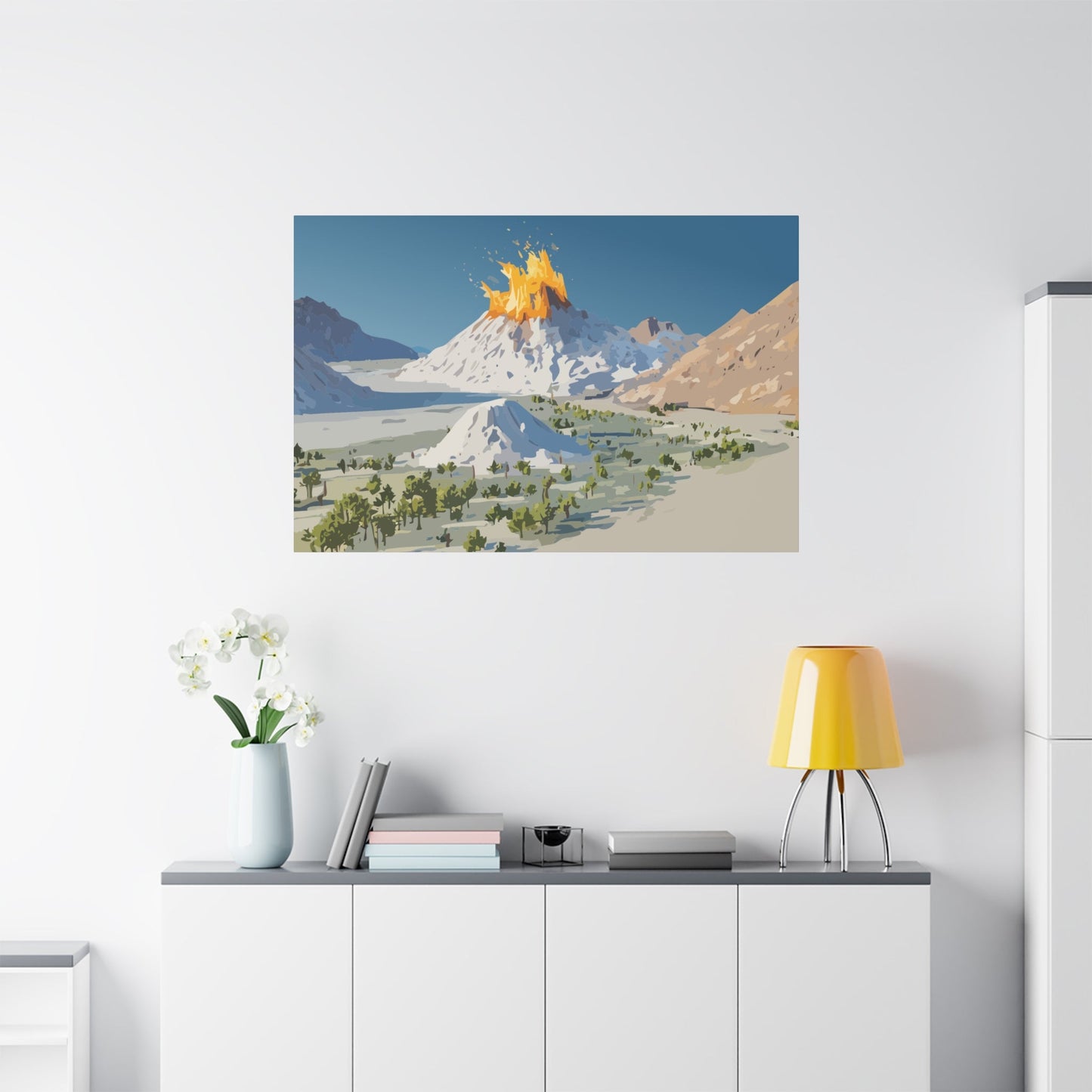 Tropical Volcano Eruption Canvas Wall Art | Stylized National-Park Vector Print on FSC-Certified Stretched Matte Canvas — Mystery Island Decor