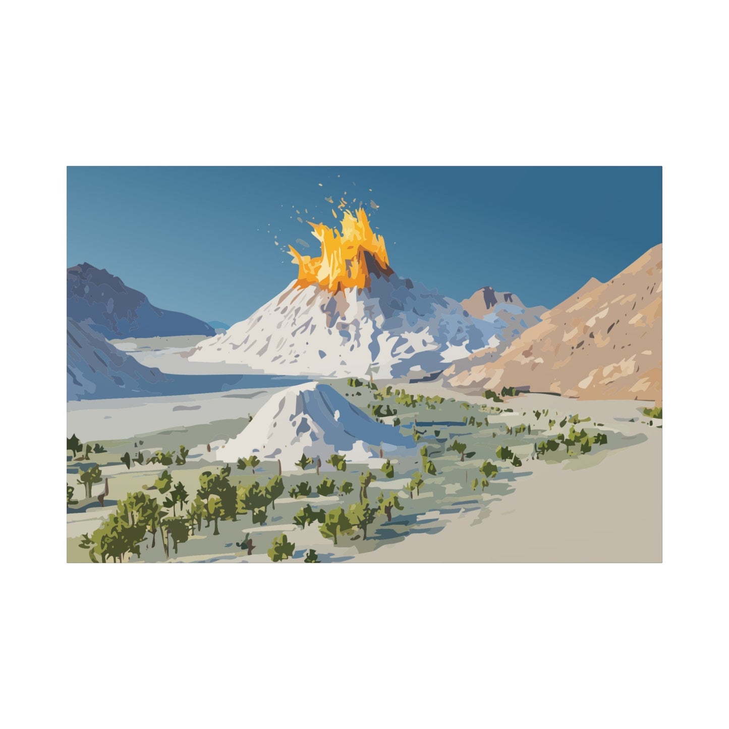 Tropical Volcano Eruption Canvas Wall Art | Stylized National-Park Vector Print on FSC-Certified Stretched Matte Canvas — Mystery Island Decor