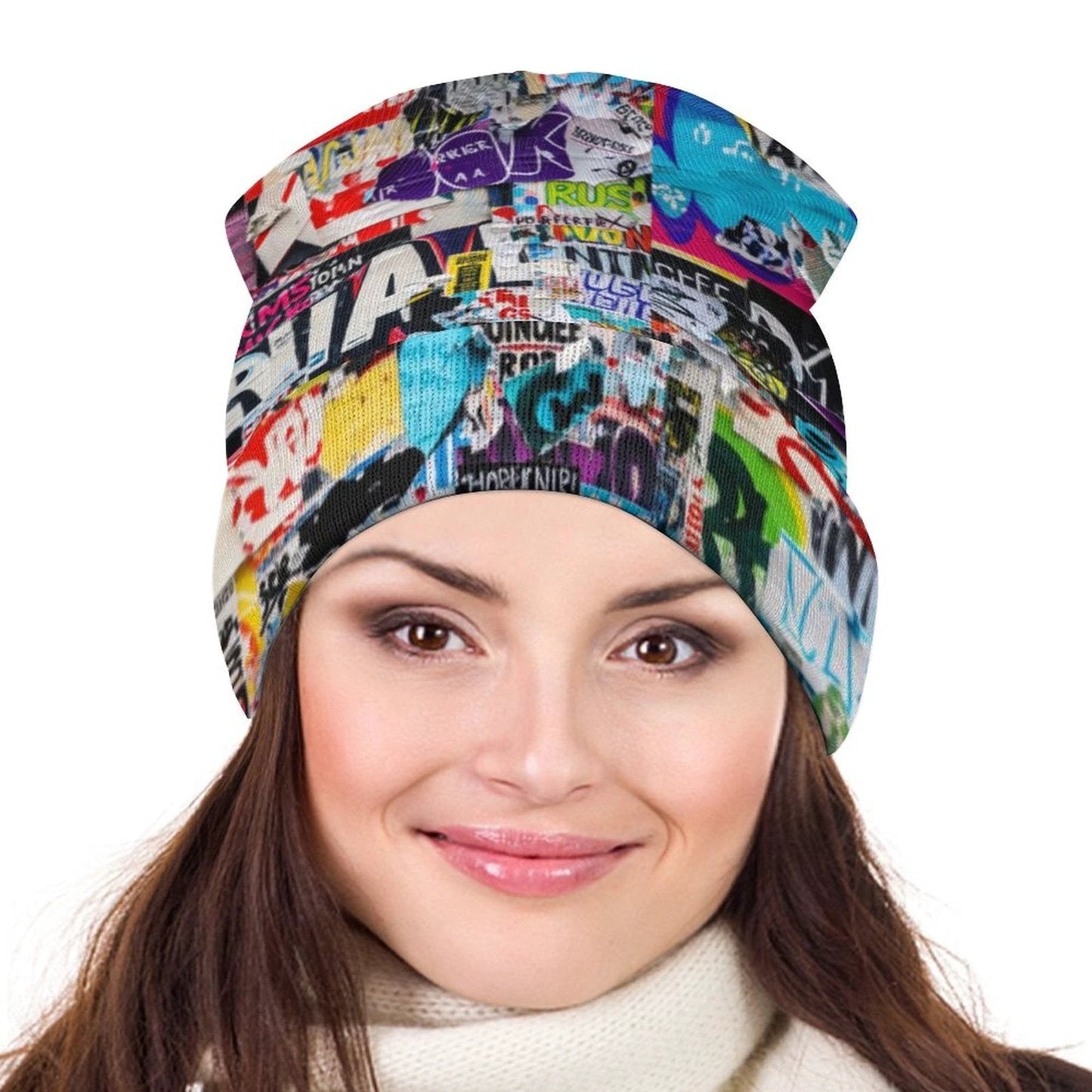 Tag Collage AOP Knit Beanie – All-Over Print, One Size