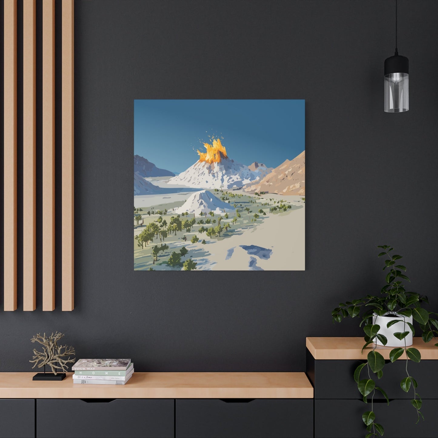 Tropical Volcano Eruption Canvas Wall Art | Stylized National-Park Vector Print on FSC-Certified Stretched Matte Canvas — Mystery Island Decor