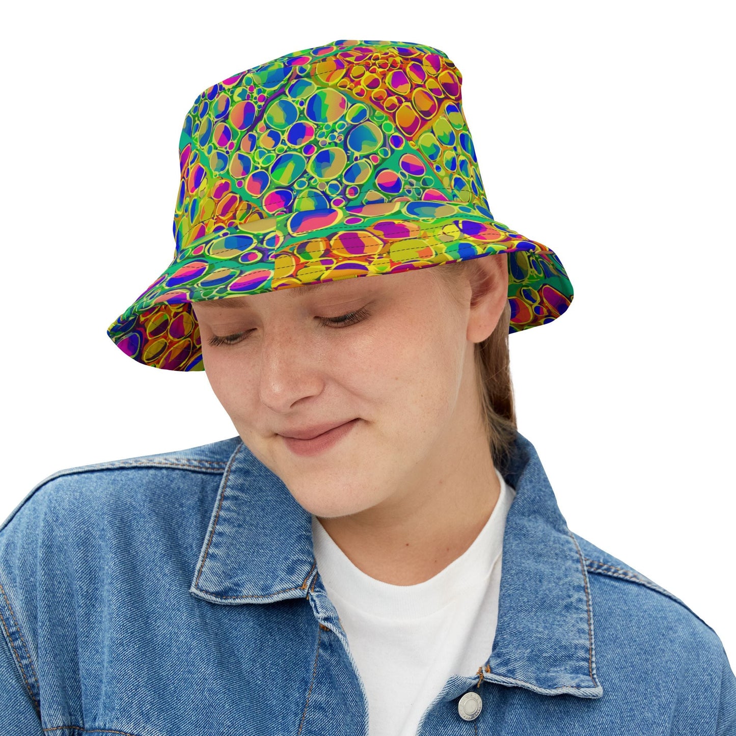 Mind-Melting Visuals AOP Bucket Hat | Dyles Mavis Hot-Pink & Lime Psychedelic Hypno-Dot Print — Made in USA Festival Streetwear Hat (Unisex)