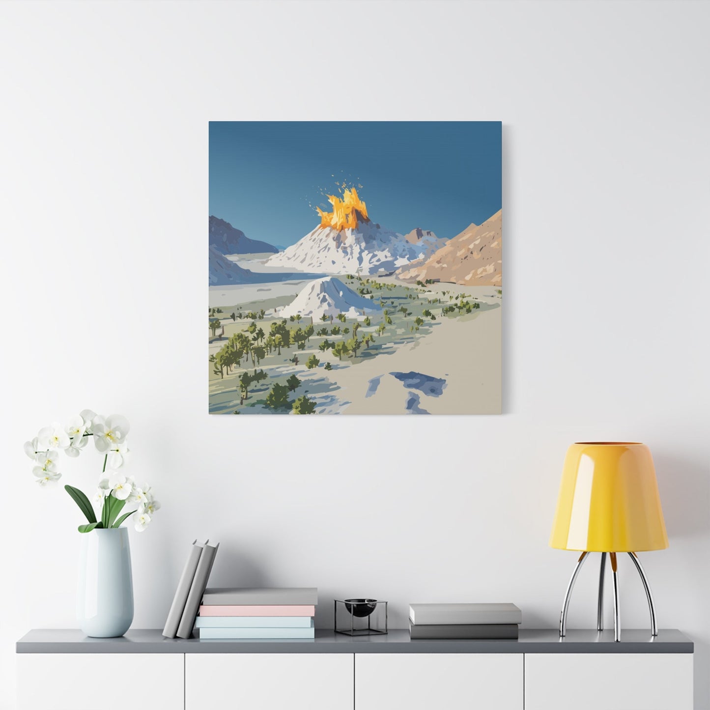 Tropical Volcano Eruption Canvas Wall Art | Stylized National-Park Vector Print on FSC-Certified Stretched Matte Canvas — Mystery Island Decor