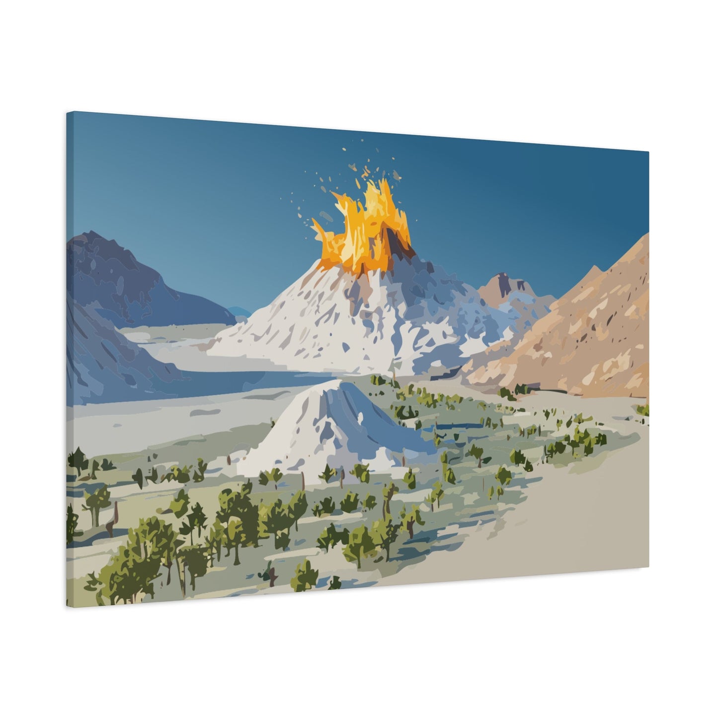 Tropical Volcano Eruption Canvas Wall Art | Stylized National-Park Vector Print on FSC-Certified Stretched Matte Canvas — Mystery Island Decor