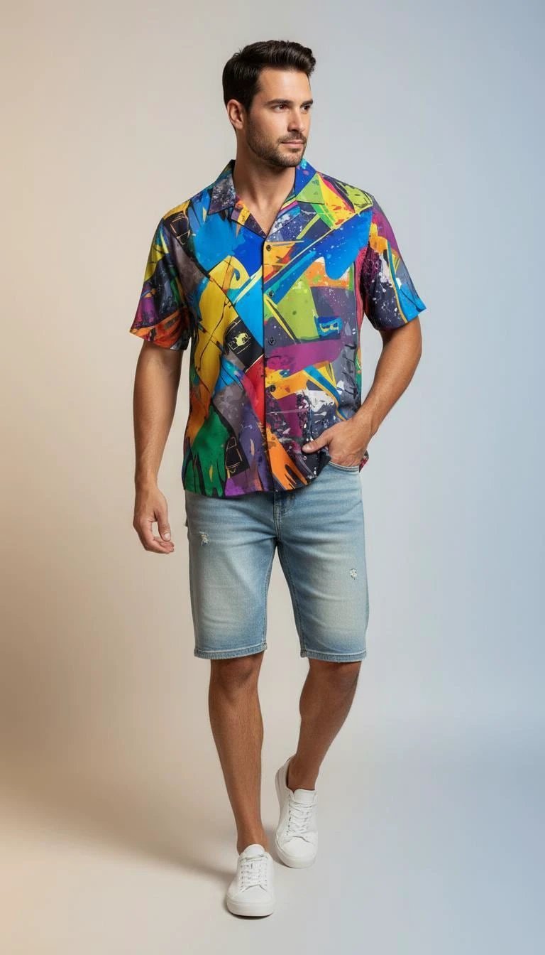 Trippy Tropics Vaporwave Hawaiian Shirt - Vibrational Vector AOP Button-Up for Cyber-Vacation & Festivals