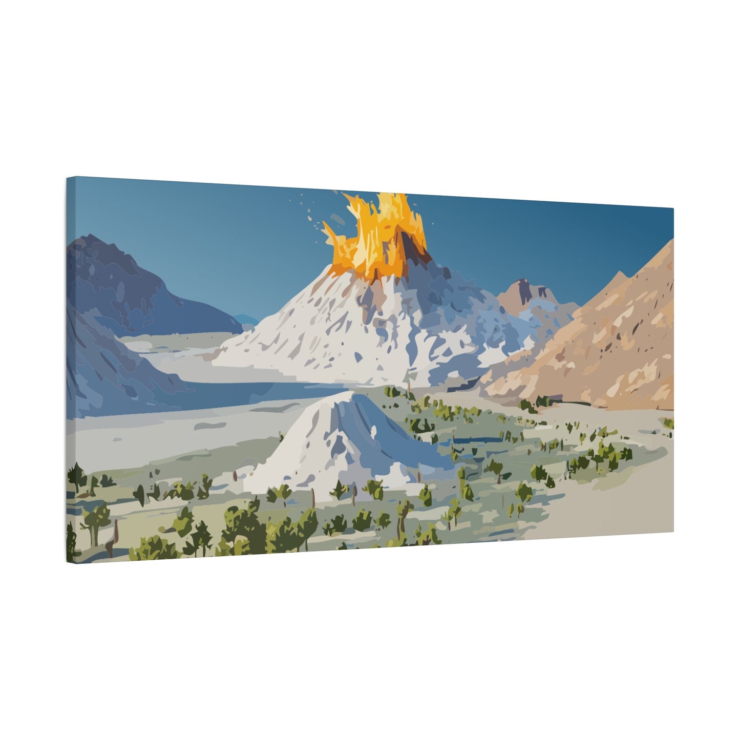 Tropical Volcano Eruption Canvas Wall Art | Stylized National-Park Vector Print on FSC-Certified Stretched Matte Canvas — Mystery Island Decor