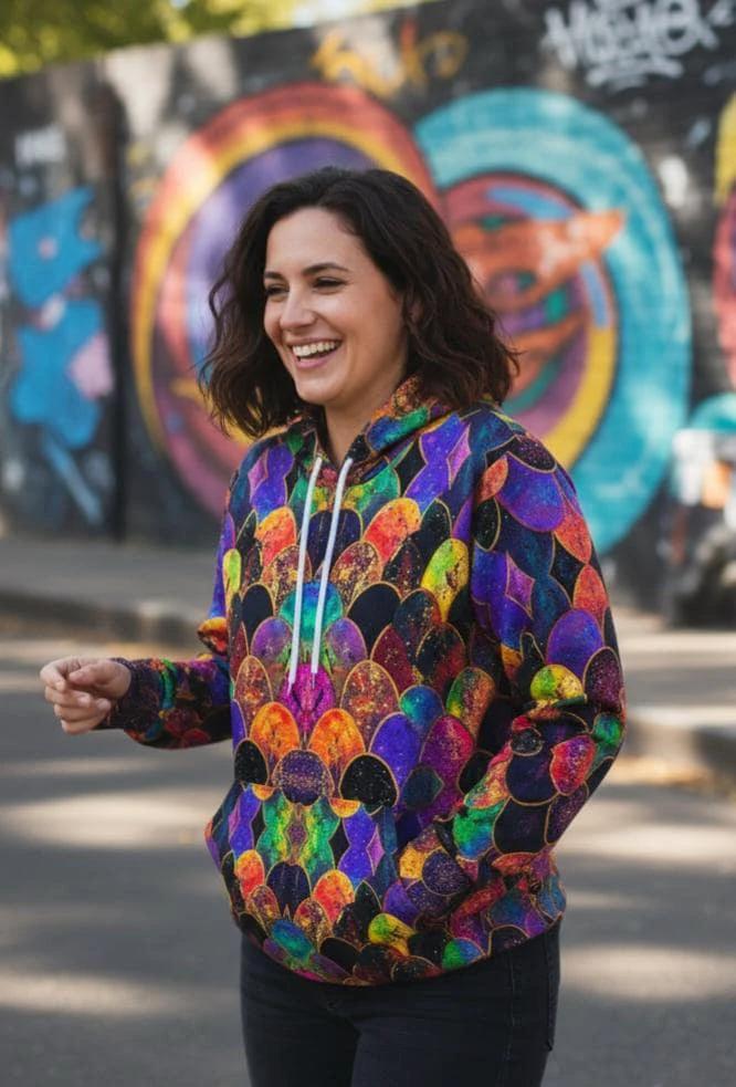 Rainbow Fish Primal Print Hoodie - Vibrant Aquatic Art Sweatshirt for Bold Streetwear