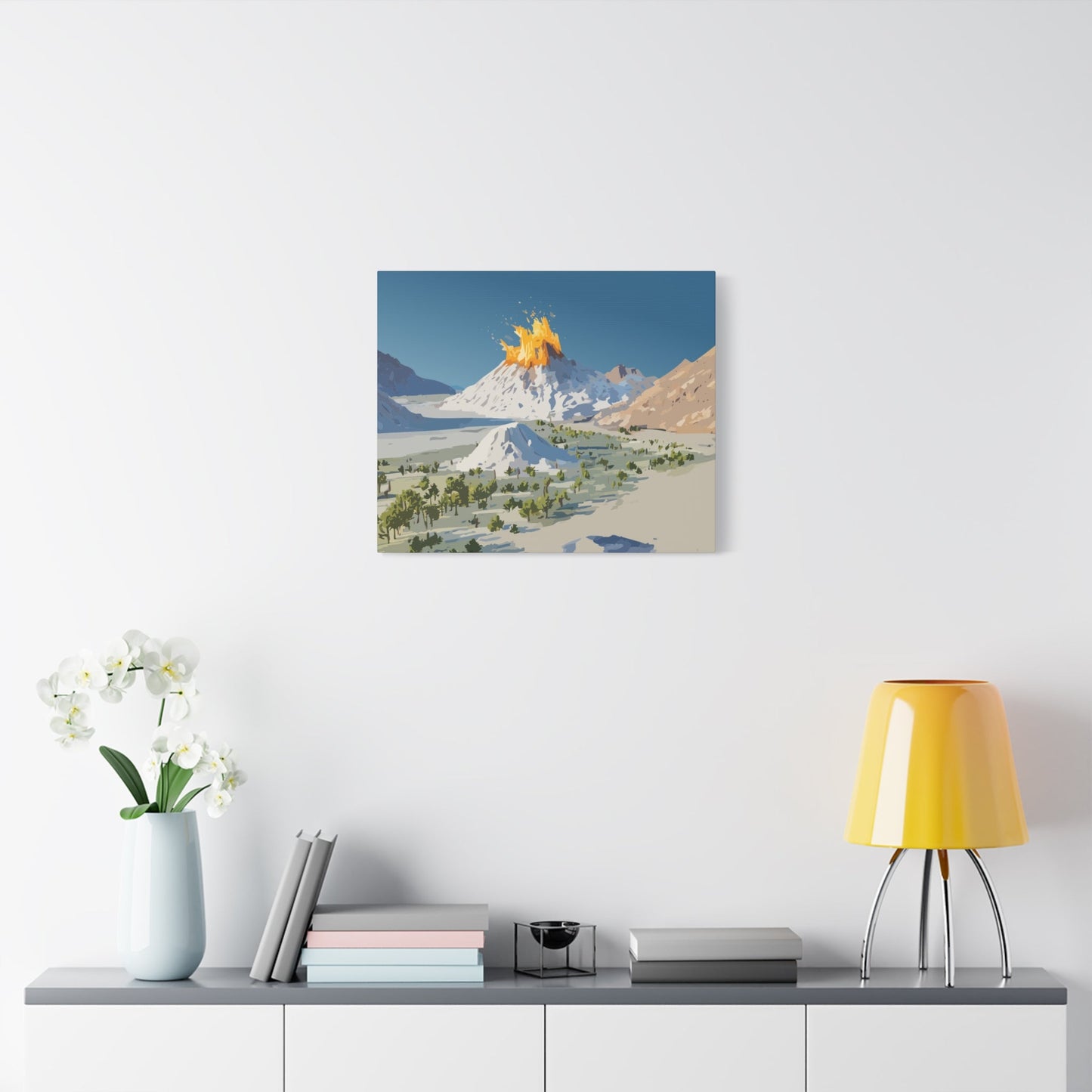 Tropical Volcano Eruption Canvas Wall Art | Stylized National-Park Vector Print on FSC-Certified Stretched Matte Canvas — Mystery Island Decor
