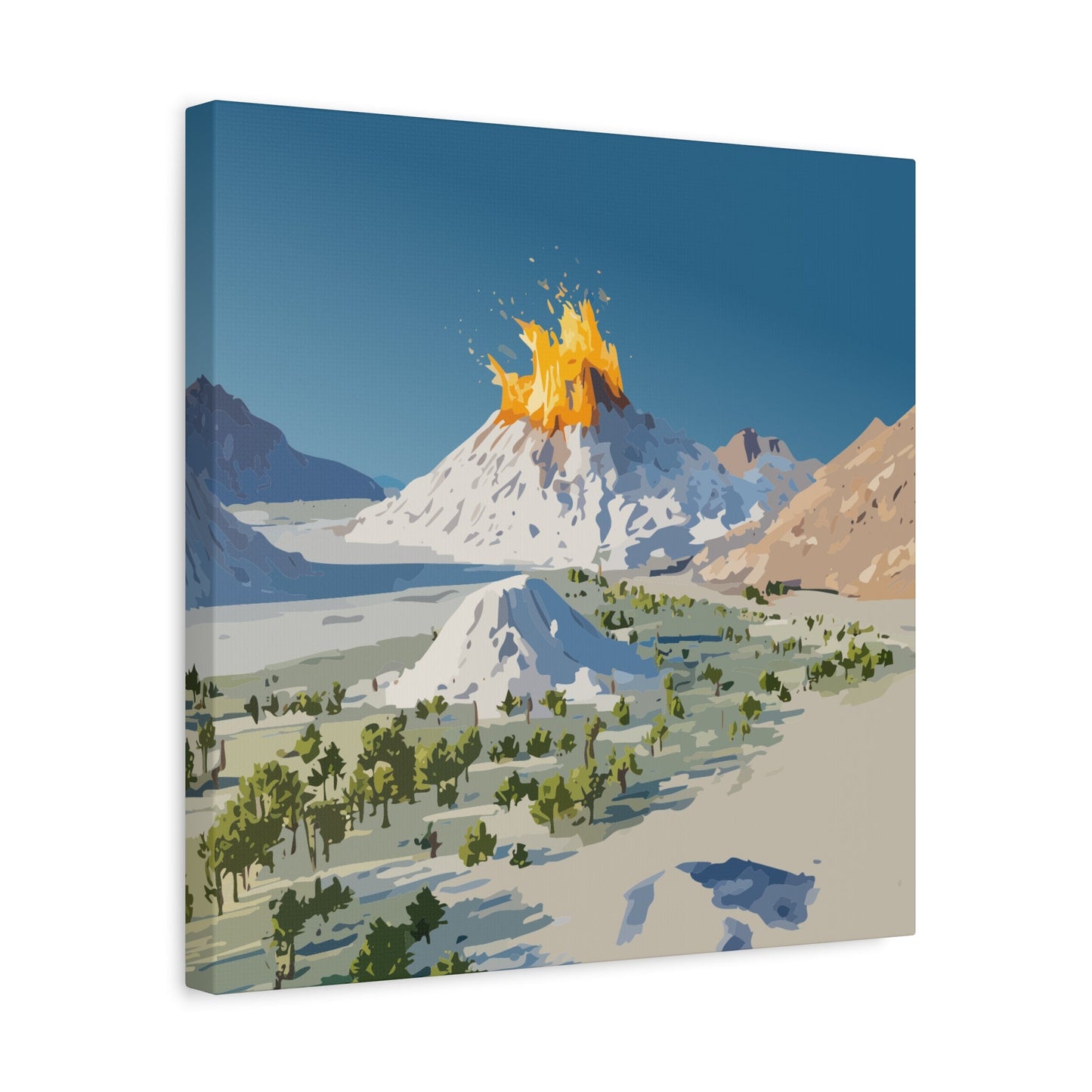 Tropical Volcano Eruption Canvas Wall Art | Stylized National-Park Vector Print on FSC-Certified Stretched Matte Canvas — Mystery Island Decor