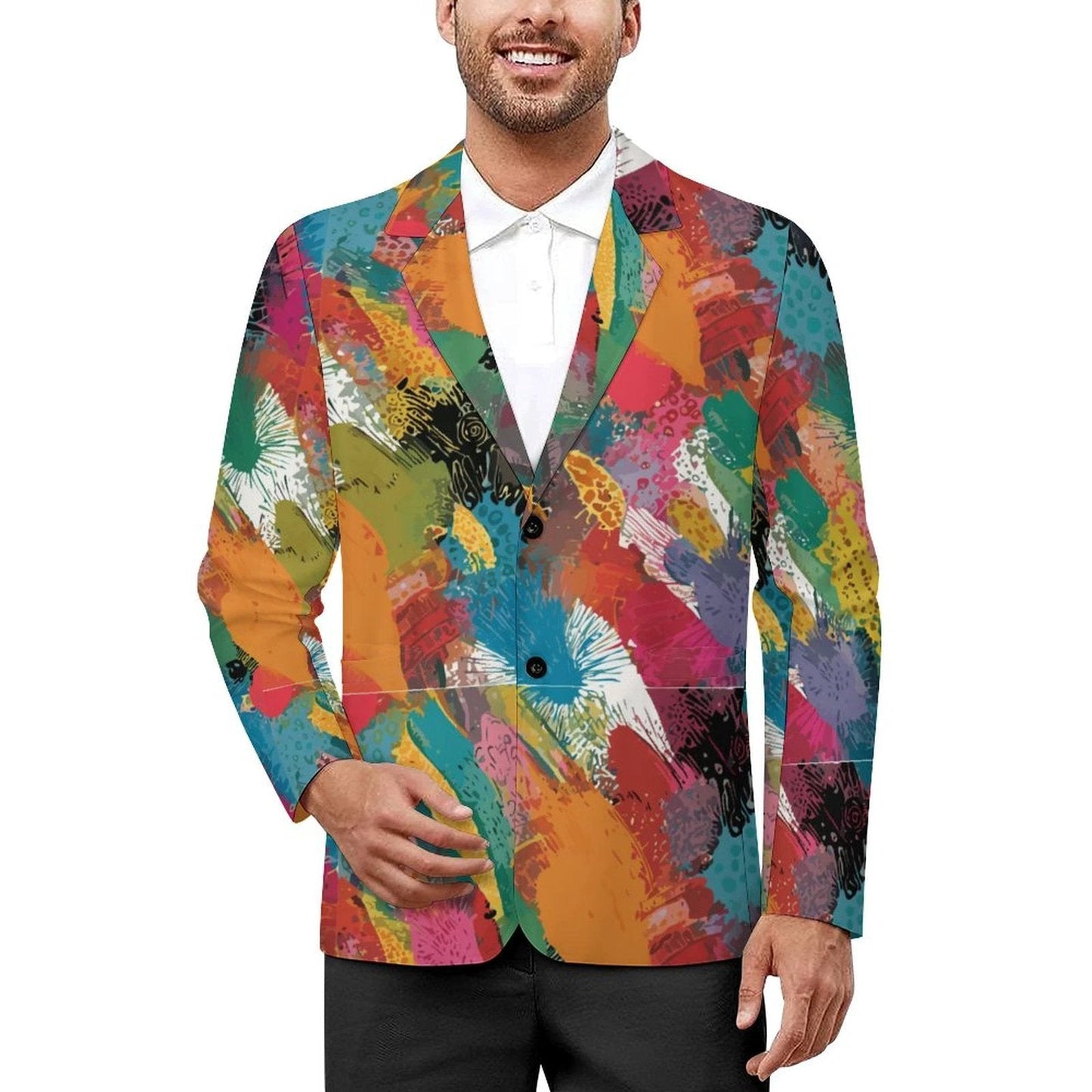 Maximalist Statement Blazer for Founders and Creatives — Abstract AOP Slim Fit Suit Jacket, Gallery Opening Formalwear, Entrepreneur Uniform