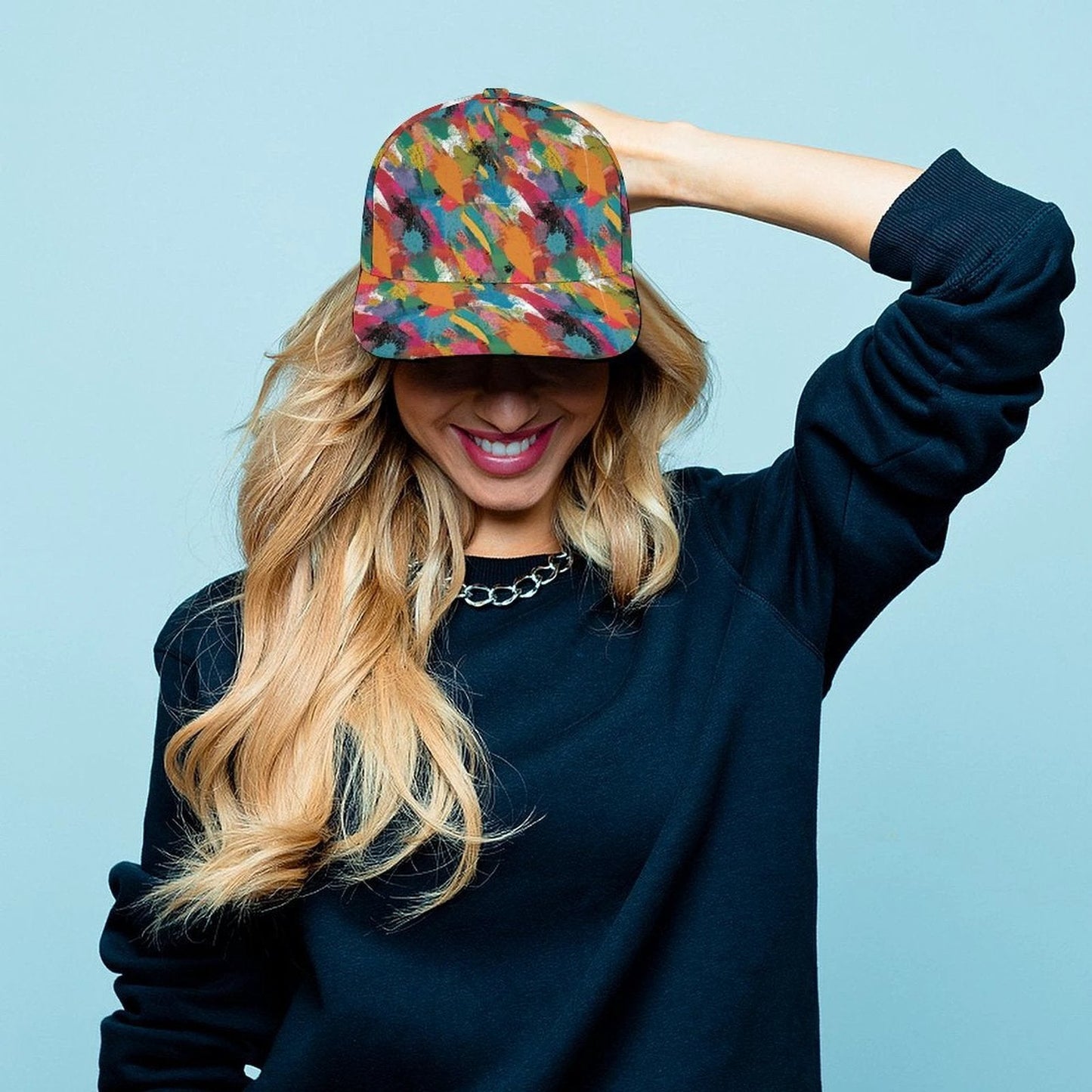 Painters' Plume AOP Bent Brim Snapback Cap | Brushstroke Feather Print 6-Panel Curved Brim Streetwear Hat for Art-School Aesthetics & Creative Souls