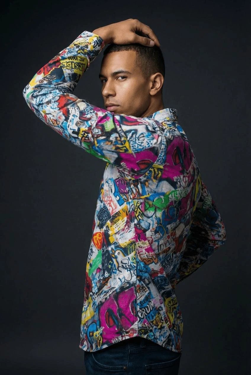 Graffiti Print Cotton Poplin Shirt for Creative Directors and Urban Stylists — Antibacterial AOP Designer Workwear, Smart-Casual Street Art Statement