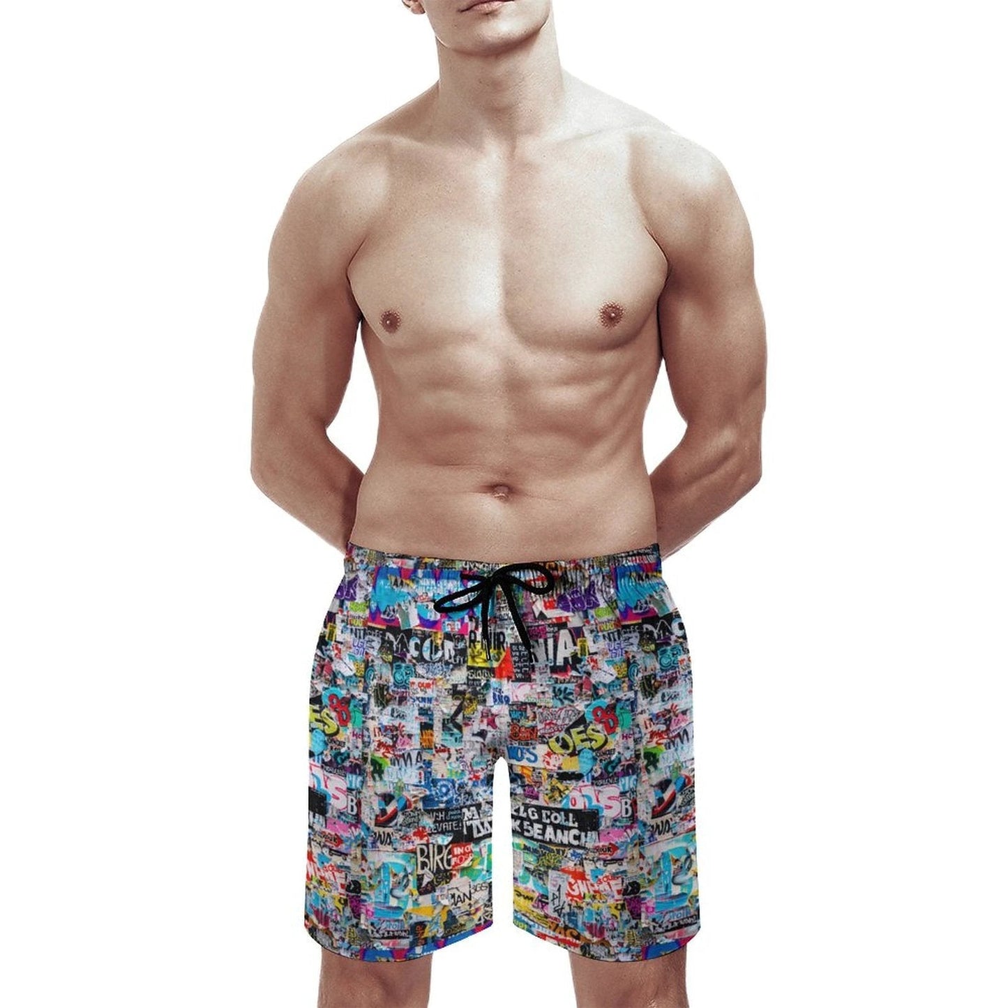 Sticker Bomb Board Shorts — Street Collage AOP Swim Trunks for Loud Beach Days