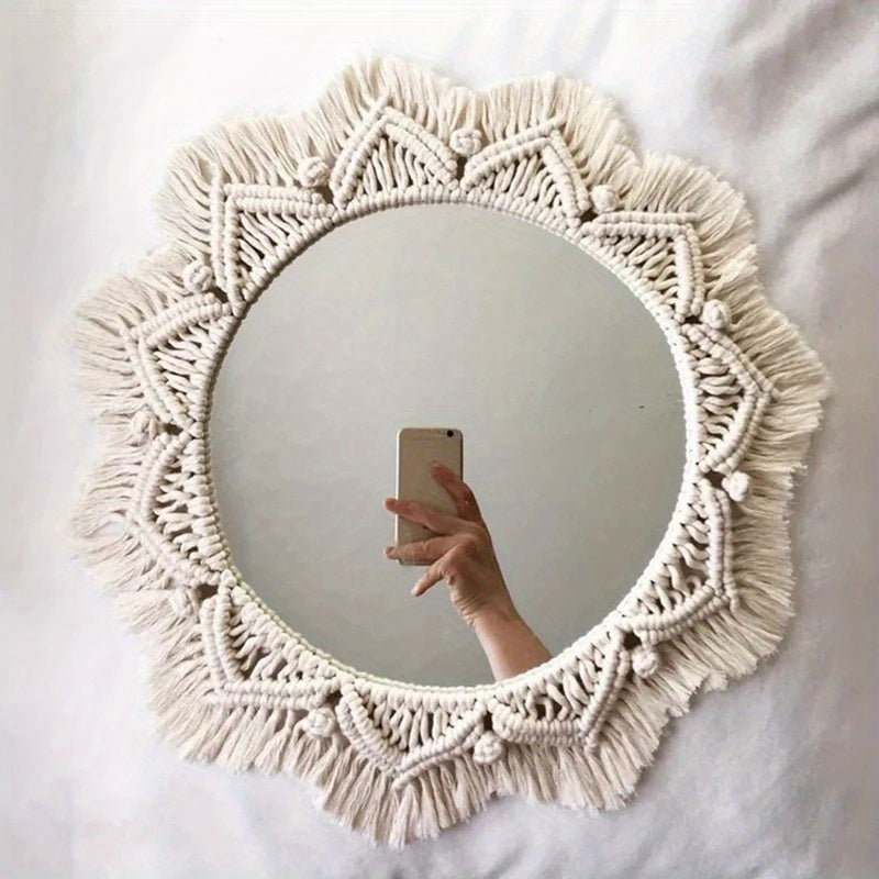 Boho Chic Round Wall Mirror with Macrame Fringe - P2FV